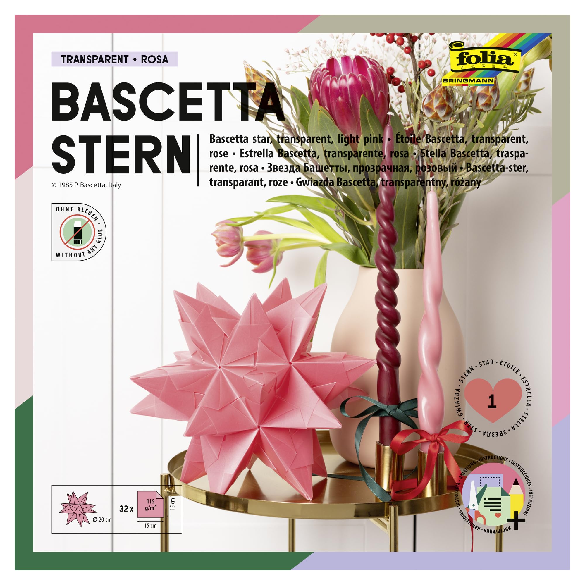 folia Bascetta Set, Tracing Paper, 15 x 15 cm, 115 g/m², 32 Sheets, Diameter Star Approx. 20 cm, Includes Craft Instructions (English Language not , Pink