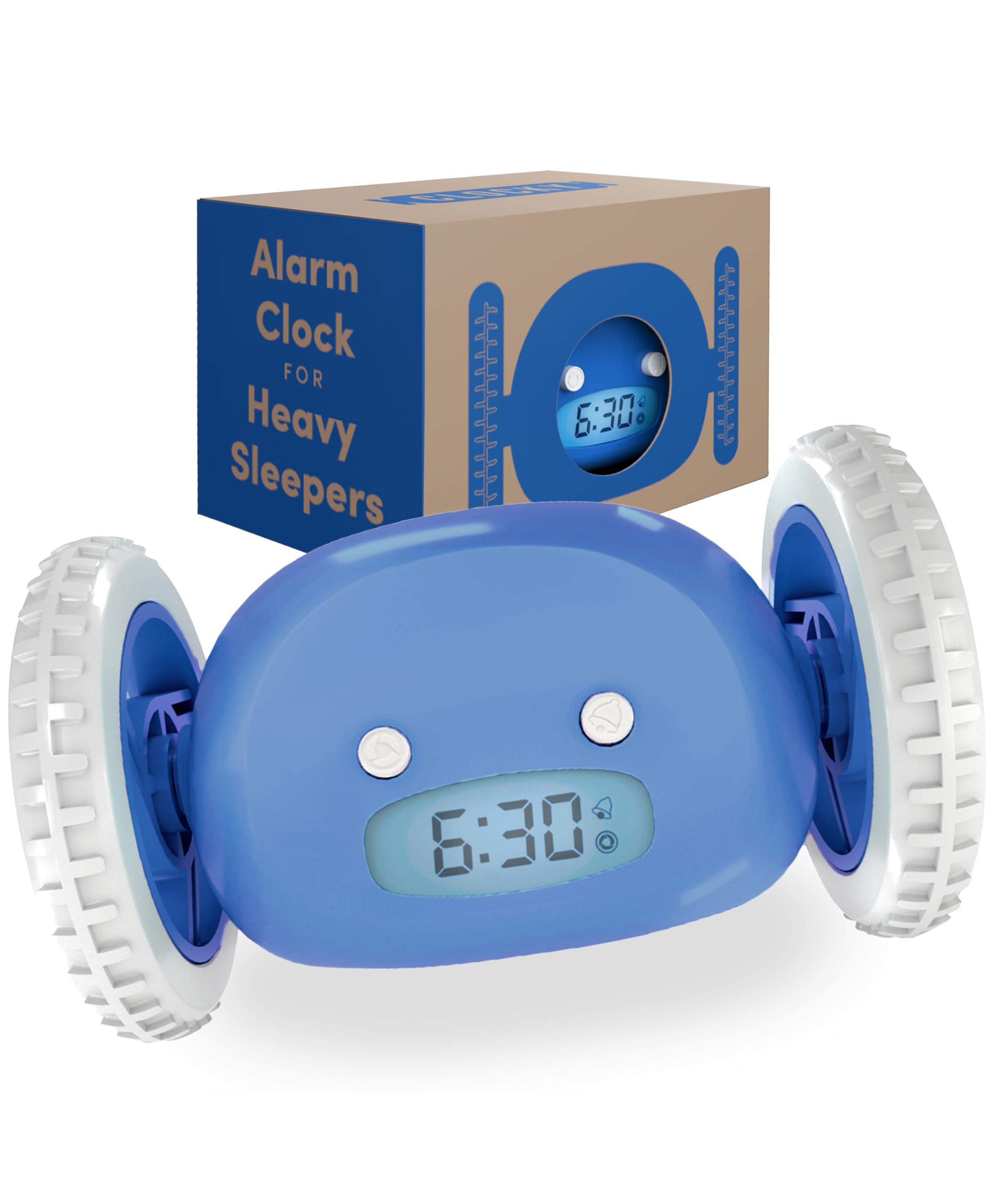 CLOCKY Alarm Clock on Wheels (Authentic) | Extra Loud for Heavy Sleeper (Adult or Kid Bed-Room Robot Clockie) Funny, Rolling, Run-away, Moving, Jumping (Blue)