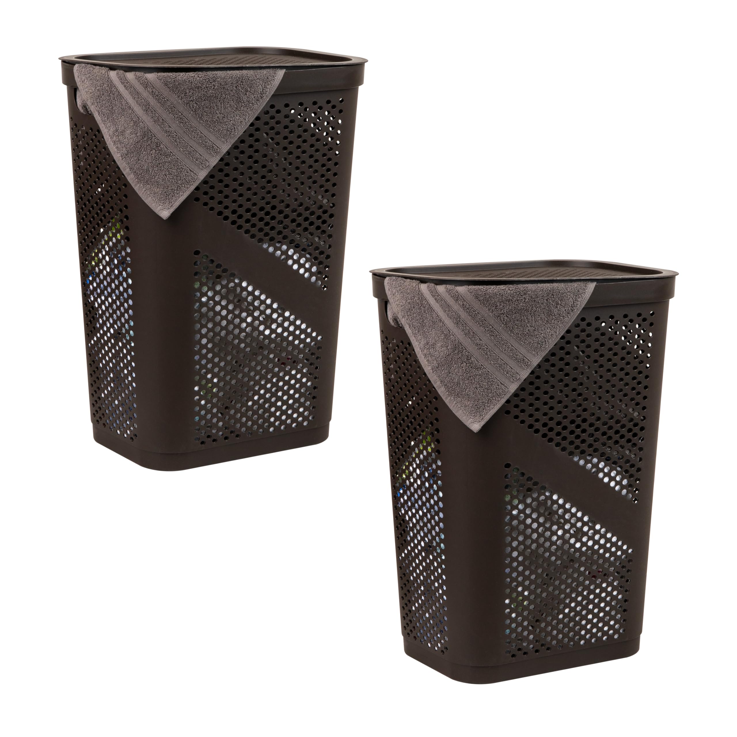Mind Reader Basket Collection, Slim Laundry Hamper, 60 Liter (15g/33lbs) Capacity, Cut Out Handles, Attached Hinged Lid, Ventilated, Set of 2, Brown