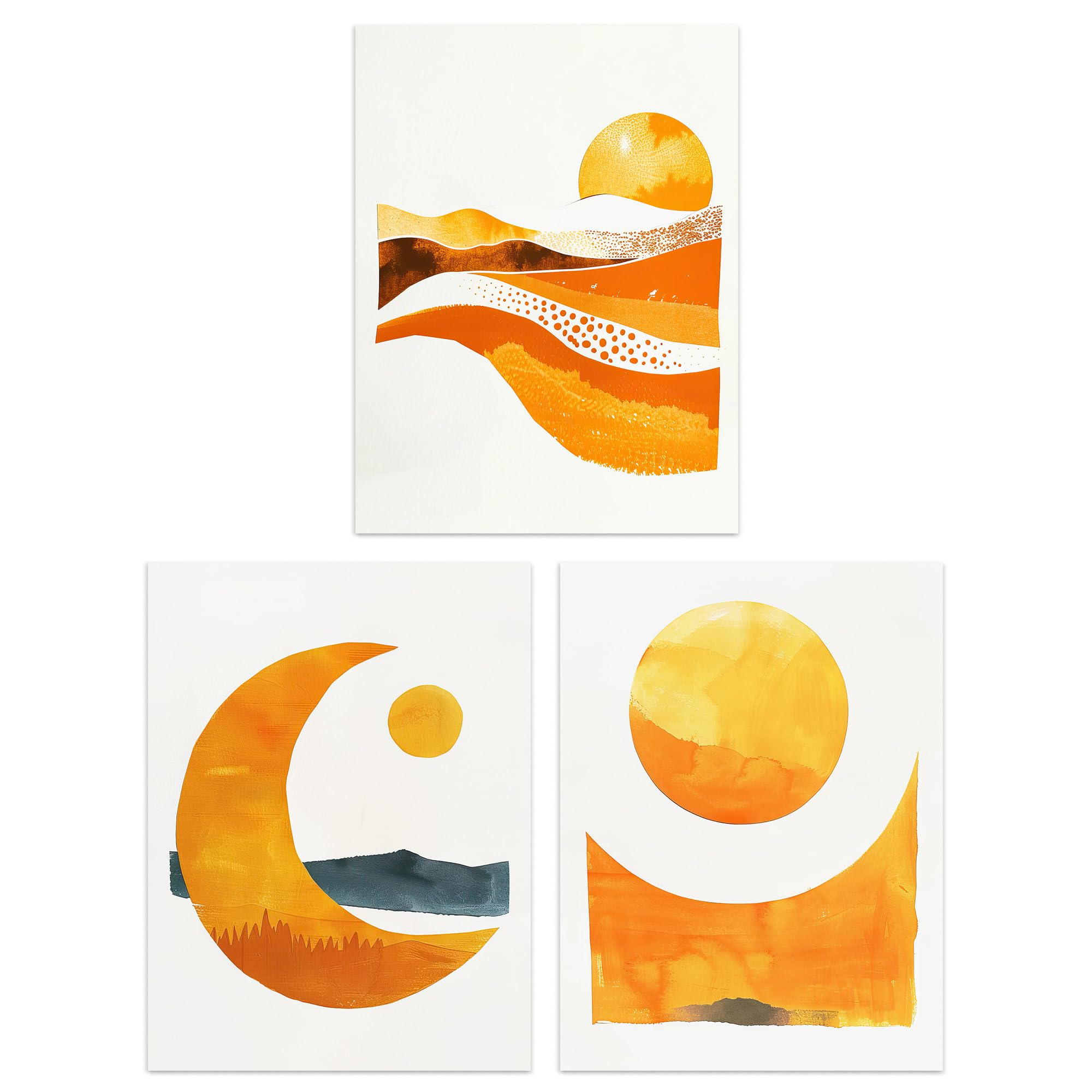 Wee Blue Coo Set of 3 Prints Sun & Moon Amber Gold Modern Living Room Poster Wall Art 12X16