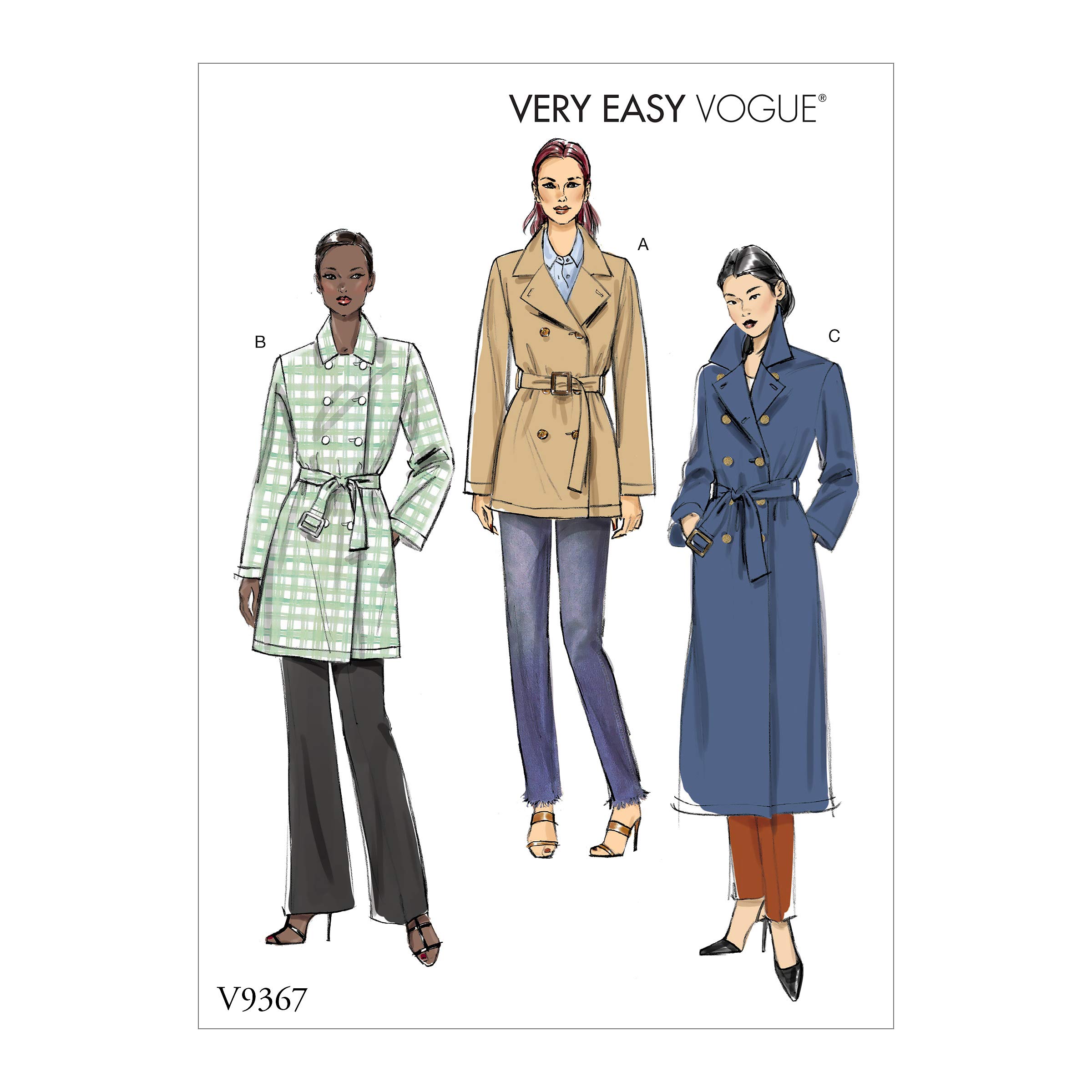 Vogue Patterns V9367Y Very Easy to Sew Unlined Double Breasted Jacket and Belt for Women, Sizes 4-14