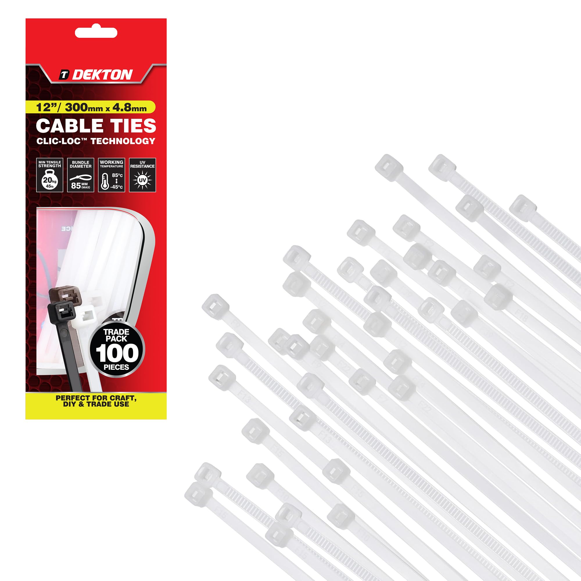 Dekton 100PC Cable Tie Set - 4.8MM X 380MM White | Heavy Duty Industrial Strength | High Temperature Resistant | Self-Locking Teeth | Ideal for Cables, Piping, Gardening & Wires | Indoor & Outdoor Use