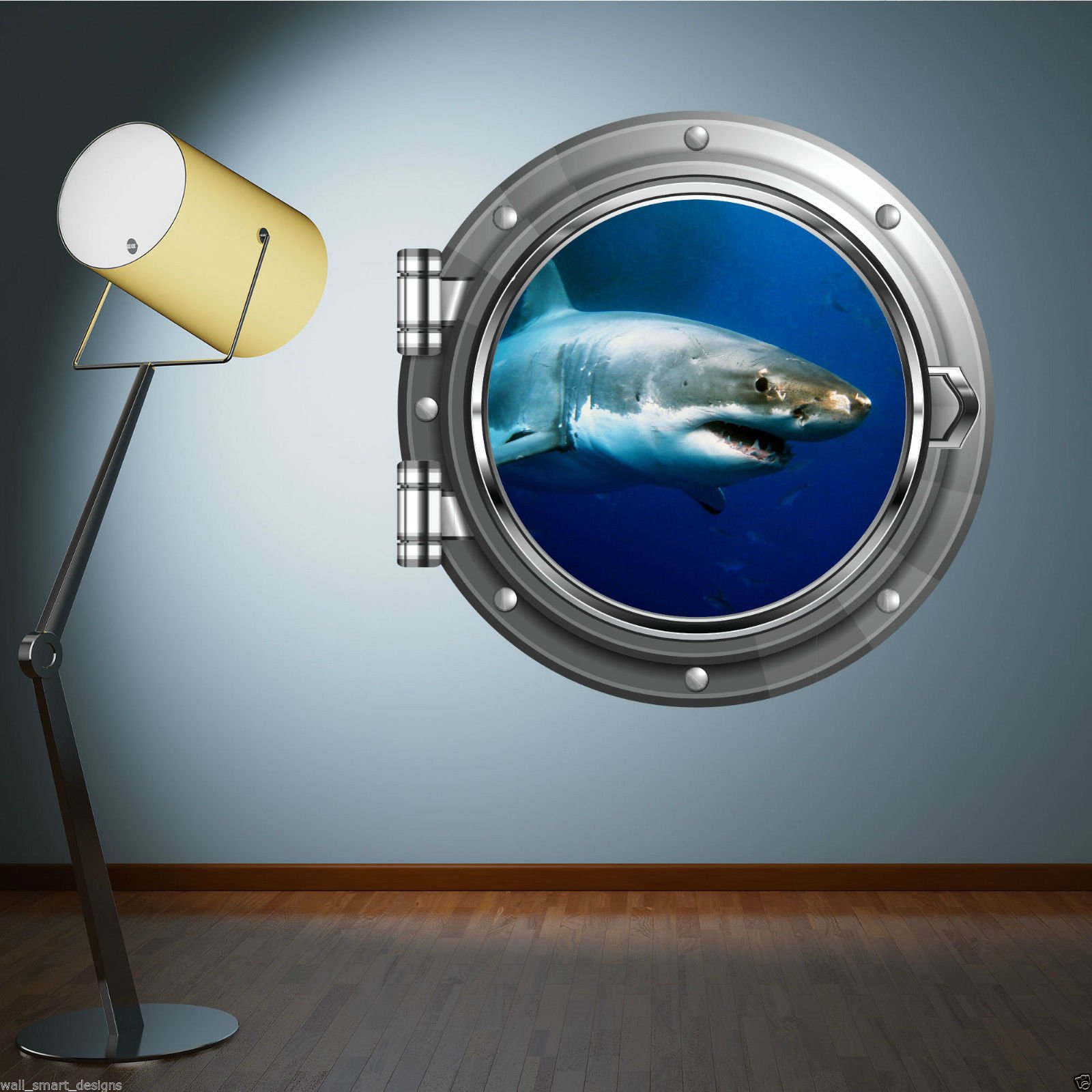 FULL COLOUR DEEP SEA SHARK FISH SHIP PORTHOLE WALL STICKER BATHROOM KIDS DECAL WSD47