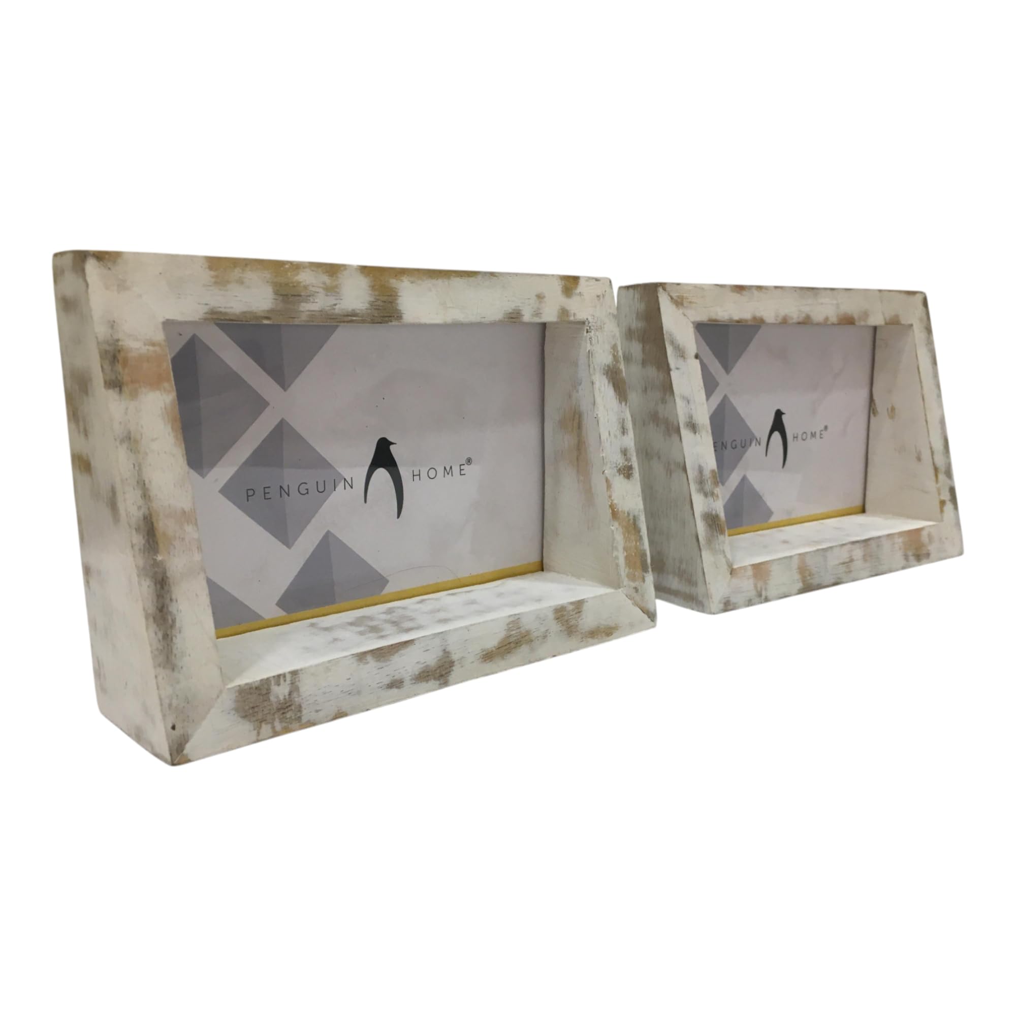 Penguin Home Set of 2 Mangowood Horizontal Photo Frame 4"X 6" (10 X 15 CM) - White Distress Finish, Rustic Vintage Style, Handcrafted Wooden Picture Frame for Wall or Tabletop, Ideal for Home Décor