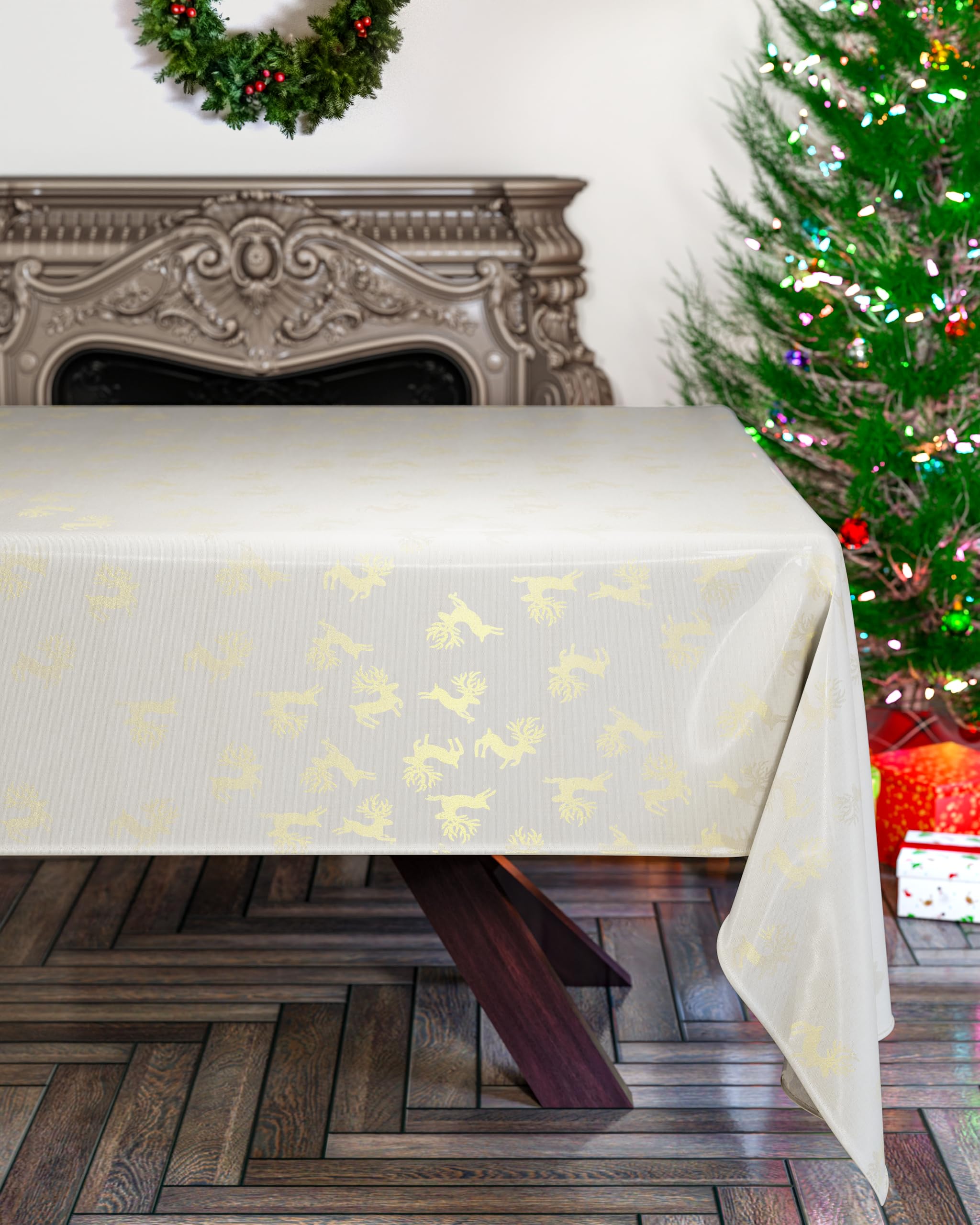 Emma Barclay Reindeer - Metallic Woven Jacquard Chrismas Table Cloth in Cream Gold - 36x36 (91x91cm)