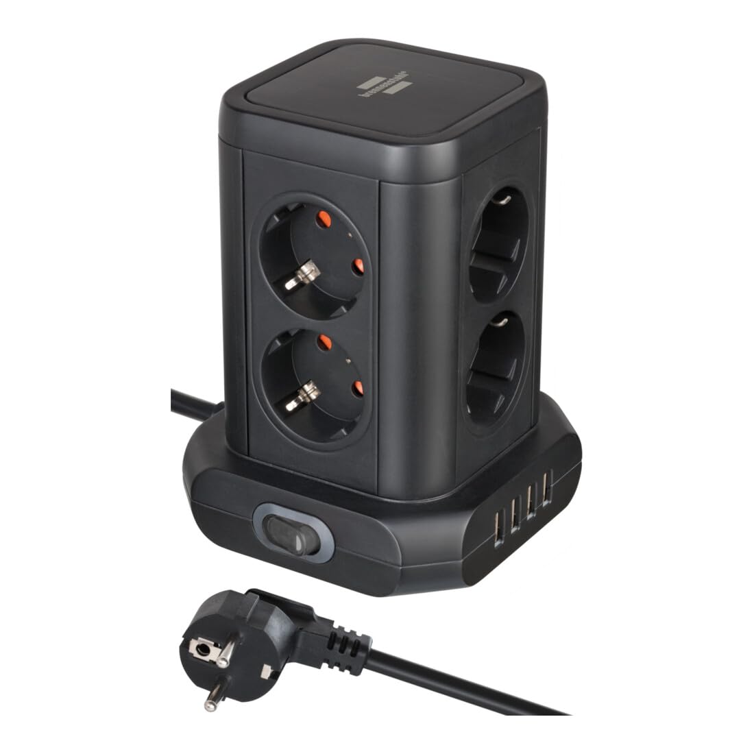 Brennenstuhl Socket Tower 8-fold with USB (Socket Block 8-fold with 4x USB, sockets in 45° arrangement, 2m cable) black