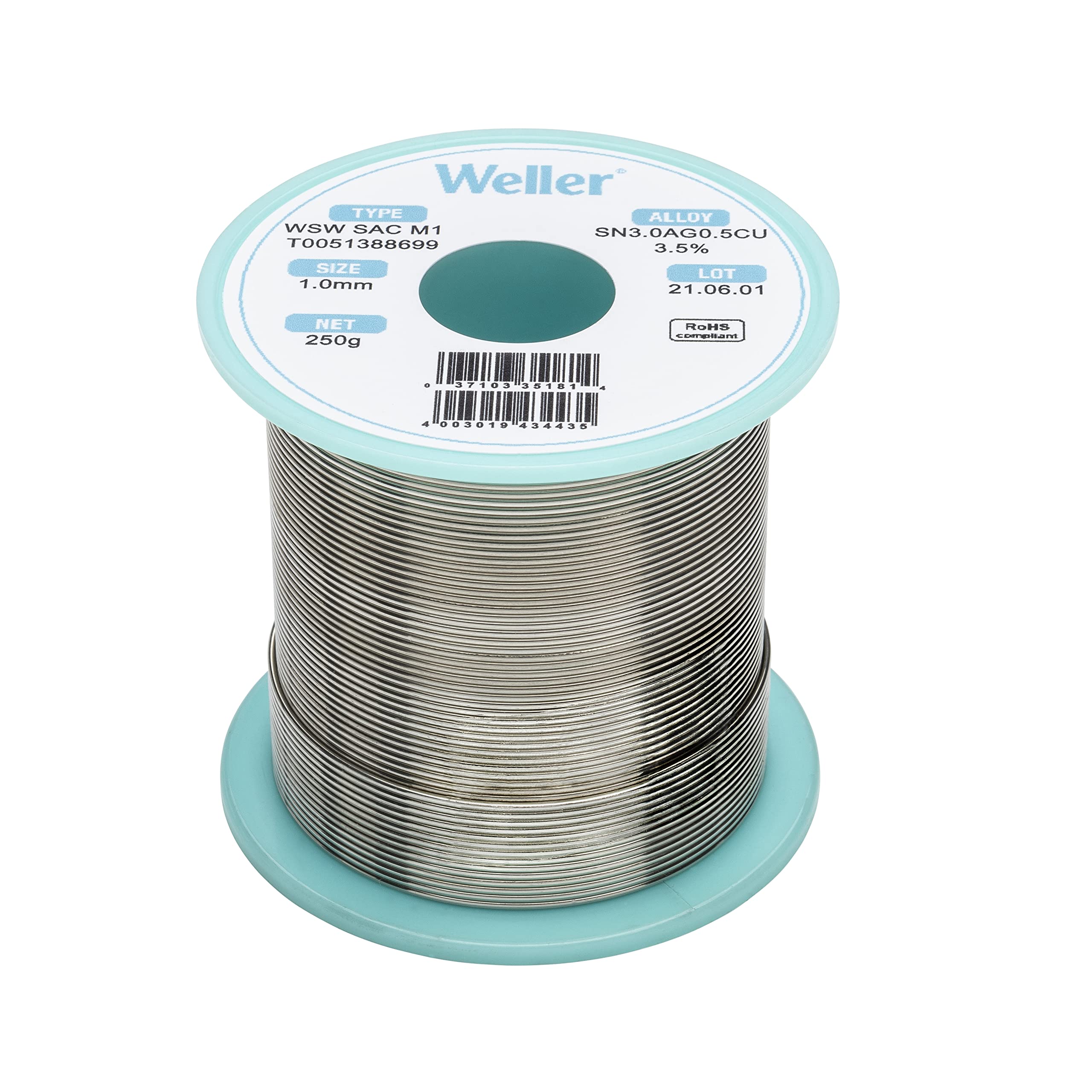 Weller WSW SAC M1 (T0051402499) Lead Free Solder Wire, Dia: 1.0 mm / 0.039 in, Wt: 100 g / 3.527 oz, Alloy Sn96.5Ag3.0Cu0.5, Flux content 3.5%