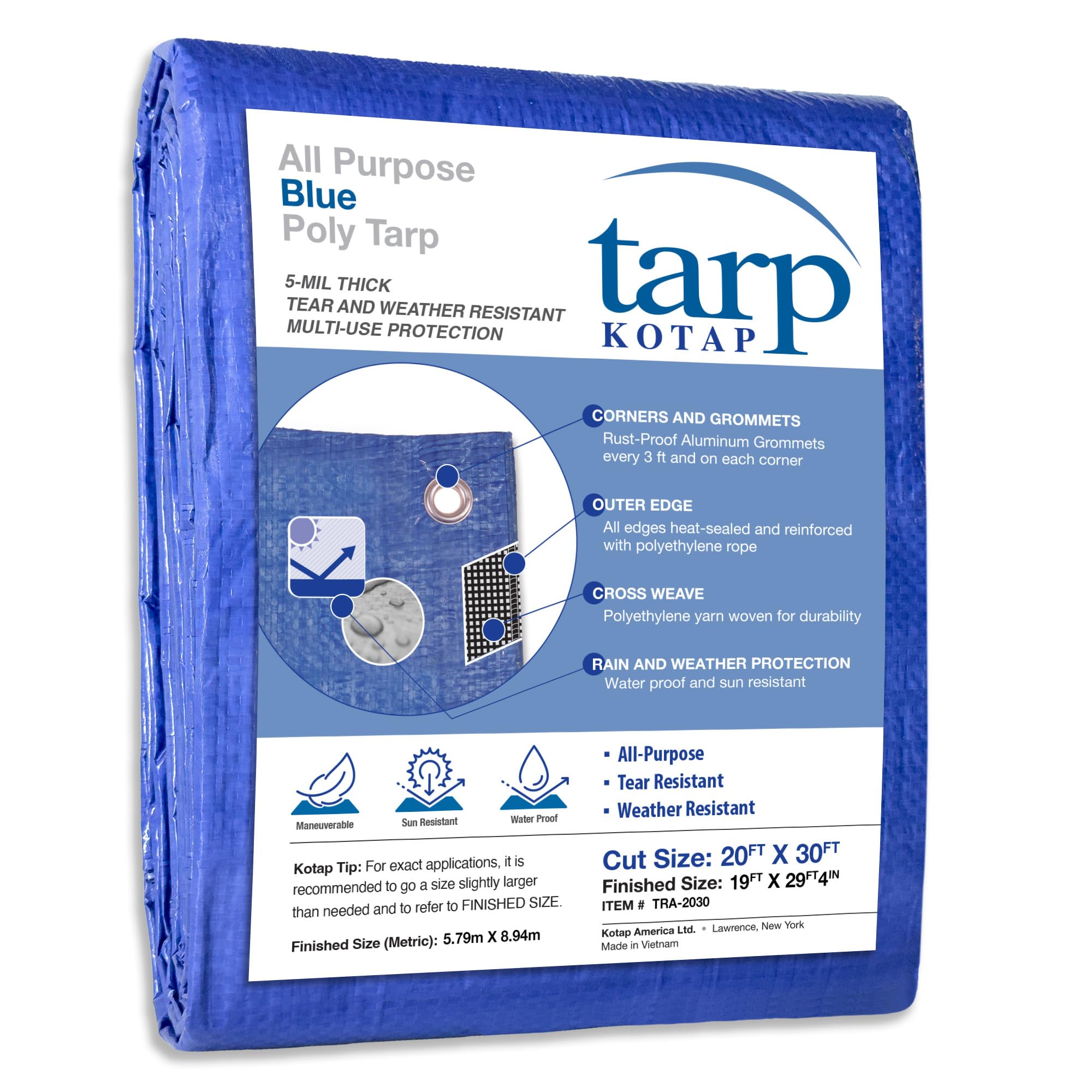 Kotap TRA2030 Blue Rip-Stop 20x3 20 x 30-ft General Purpose Poly Tarp, Item: TRA-2030, Cut Size: 20 x 30'/Finished Size: 19' X 29' 4"
