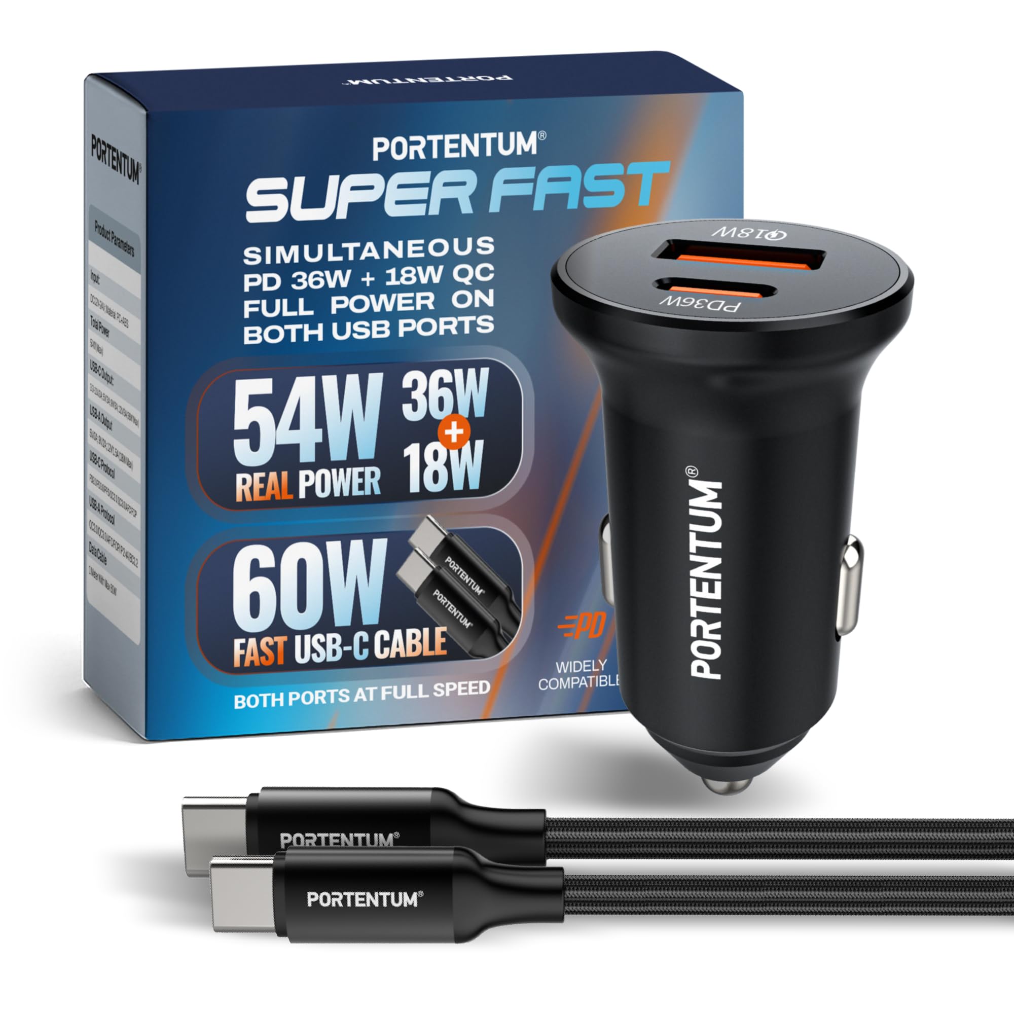 PORTENTUM Car Charger Adapter 54W + 60W USB-C Cable included – Dual and simultaneous – USBC PD 36W + USBA QC 18W – Cigarette Lighter USB Charging for iPhone iPad Android Tablet Smartphone