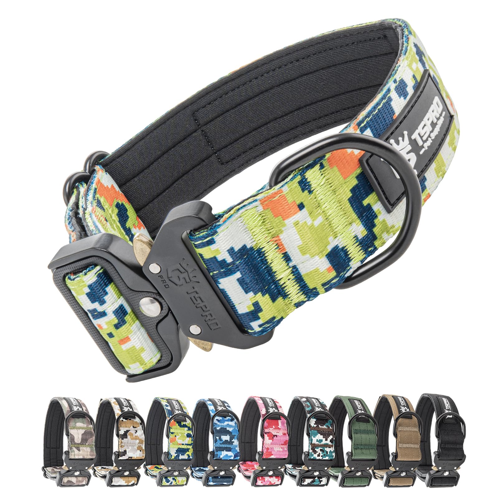 TSPRO Premium Dog Collar with Patch and Heavy Duty Quick Release Metal Buckle, Durable, Adjustable and Thick Dog Collars for Medium to Large Dogs (Camo Green M)