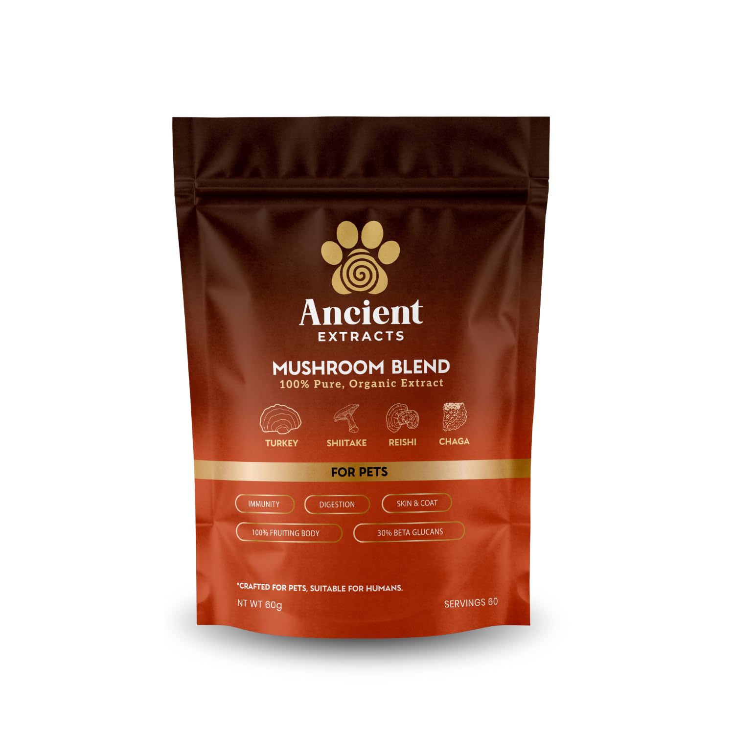 Ancient Extracts Vet-Formulated Mushroom Powder | Cat & Dog Supplements for Immune, Digestion & Coat Support | Reishi, Chaga & Shiitake | Human Grade, 30% Beta Glucans | 3rd Party Tested (60g)