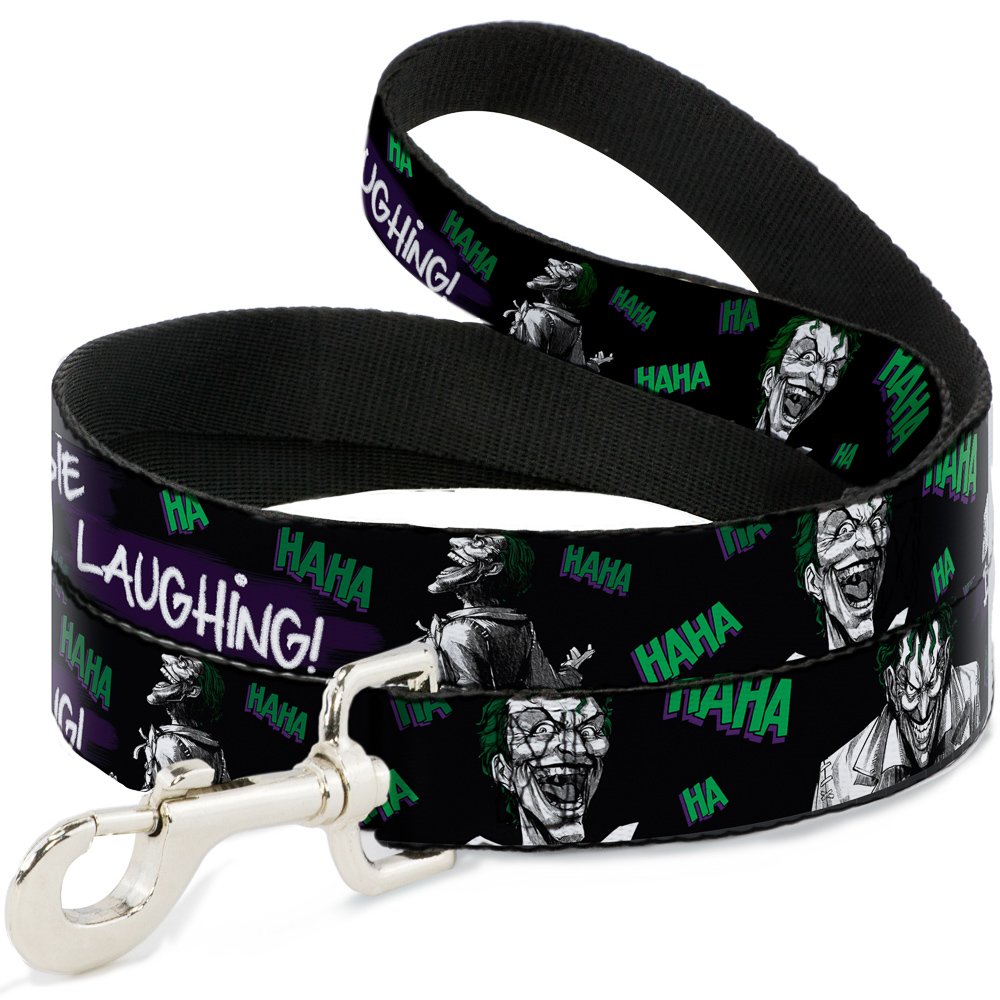 DC Comics Pet Leash, Dog Leash, Joker Die Laughing Haha Black Purple Green, 6 Feet Long 0.5 Inch Wide