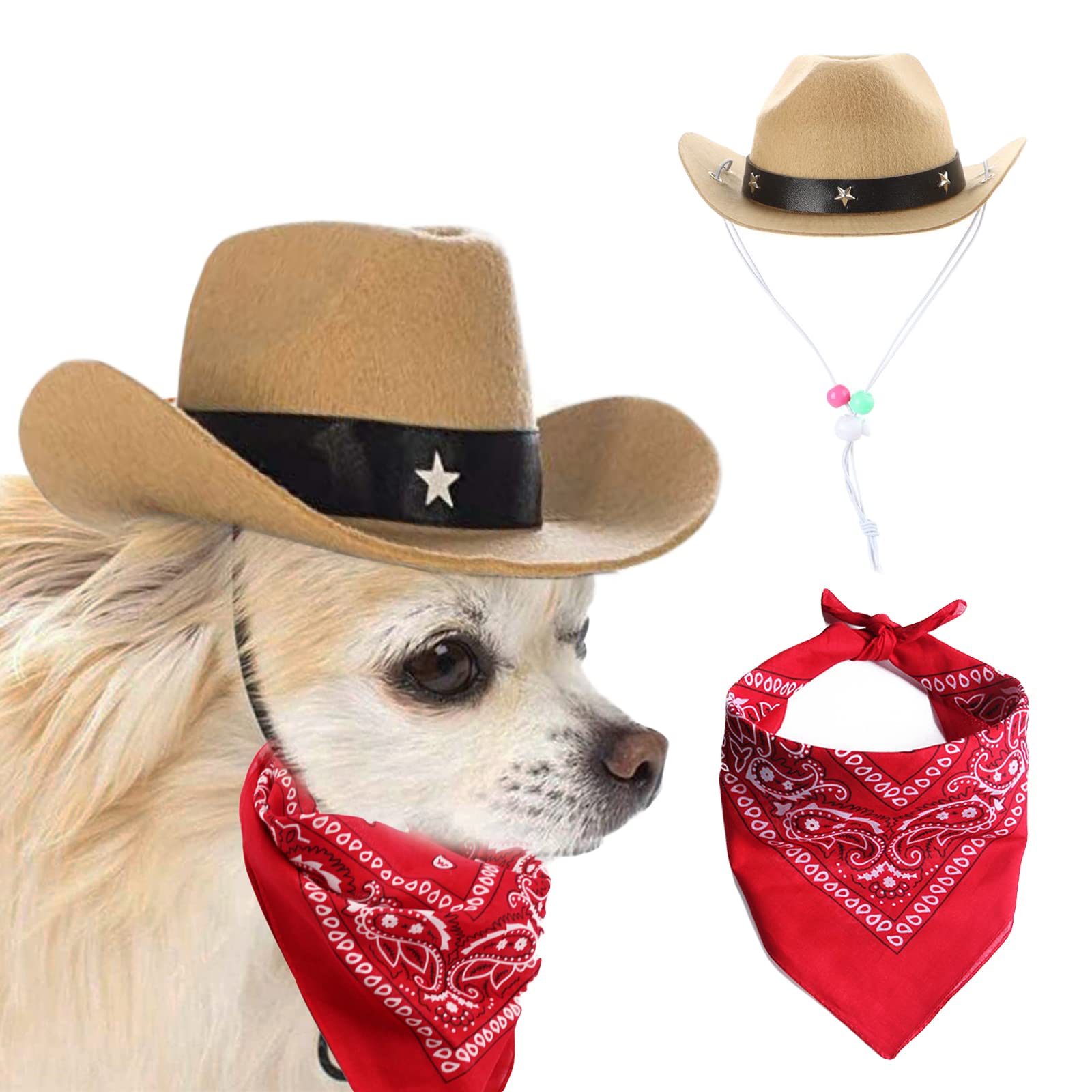 AWOCAN Dog and Cat Cowboy Hat and Bandana Scarf Sombrero Puppy Hat Costume Cosplay Cap Pet Party Decoration (Khaki)