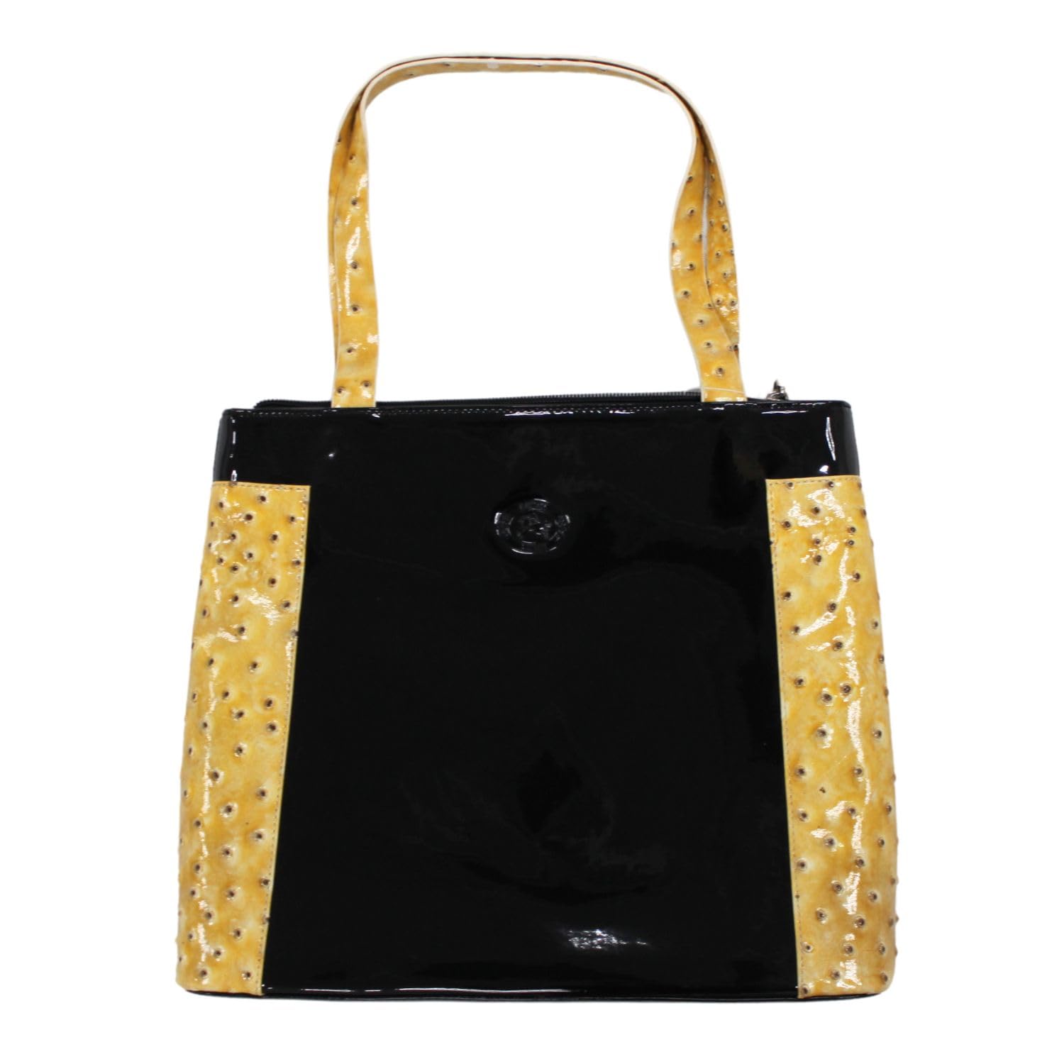 Luigi Patent Leather Bag with Ostrich Detailing, 25.5x32x7.5cm, Zipper Closure, Stylish and Sleek Handbag for Any Occasion - Black/Beige