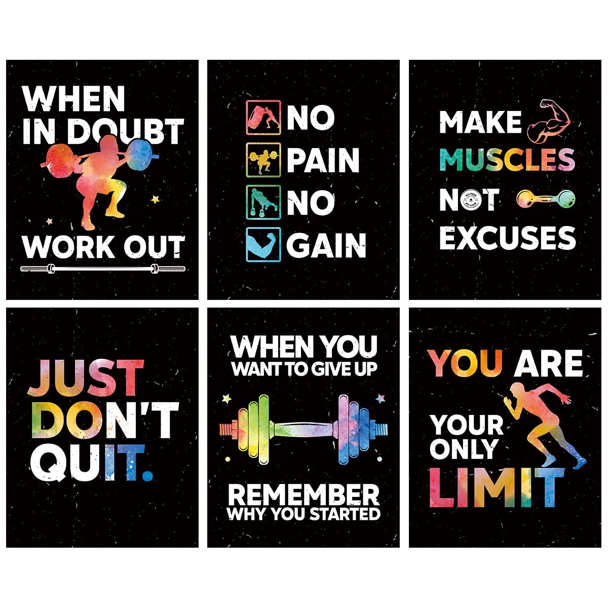 HLNIUC Motivational Wall Art, Inspirational Workout Room Poster Set Of 6 (8''X10'', Unframed), Positive Canvas Art Print For Gym, Exercise Classroom Decor