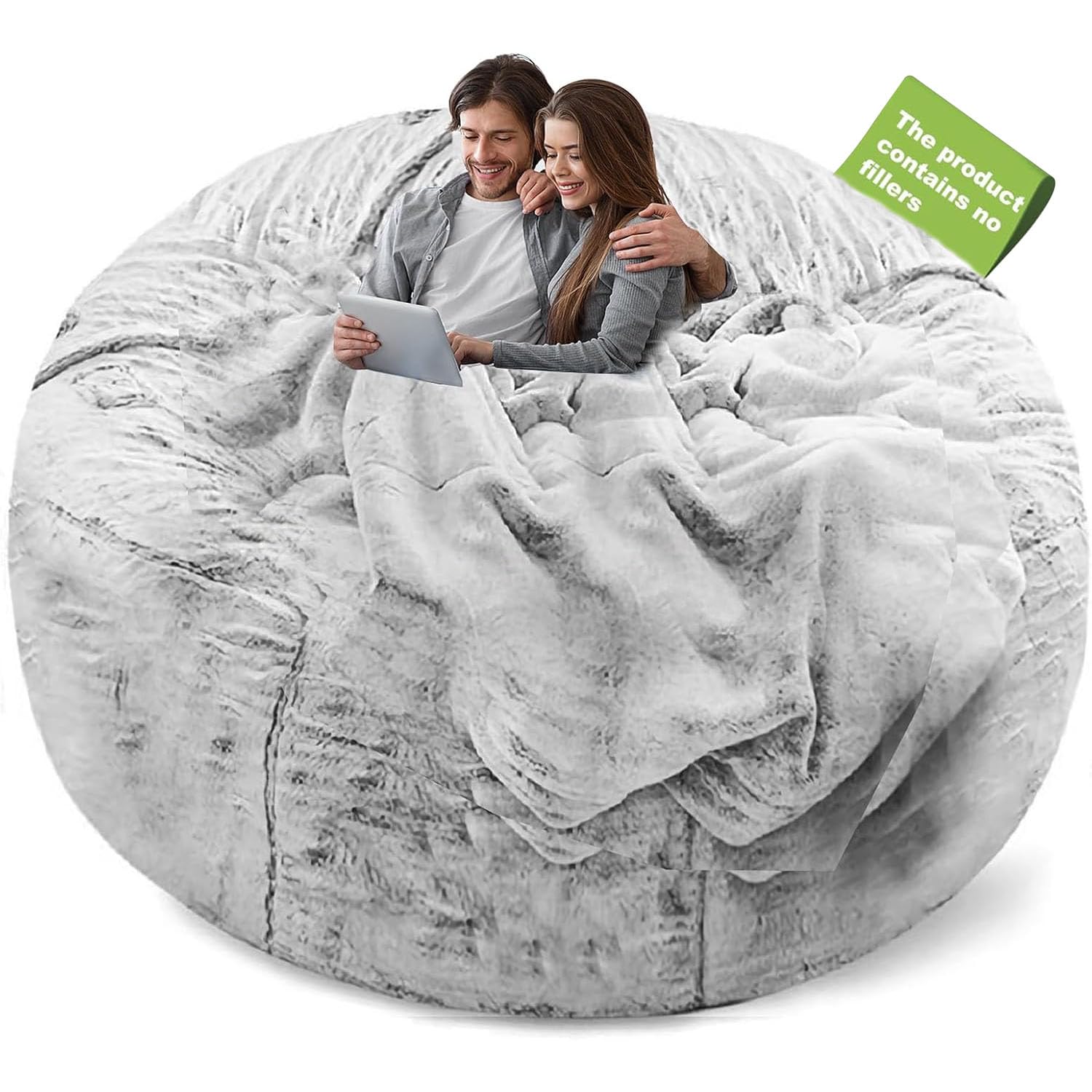 YudouTech (No Filler Bean Bag Chair Cover Without Filler,Big Round Soft Fluffy PV Velvet Washable Bean Bag Lazy Sofa Bed Cover for Adults,Living Room Bedroom Furniture Outside,5ft Snow Grey