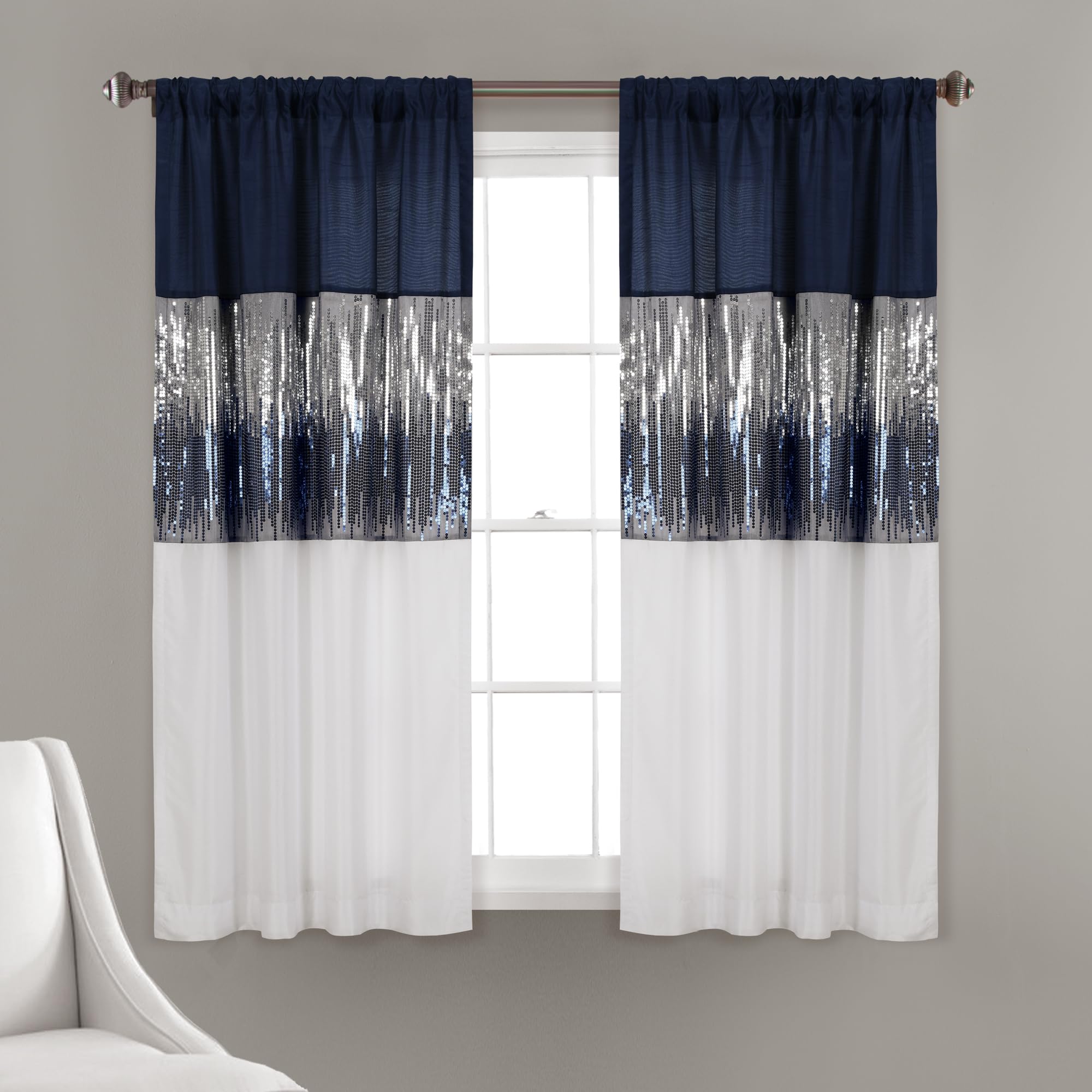 Lush Decor Night Sky Window Curtain Panel, Single, 42" W x 63" L, Navy & White - Sequin Curtains - Sparkle & Color Block Design - Modern Glam Decor - Short Curtains For Bedroom & Living Room