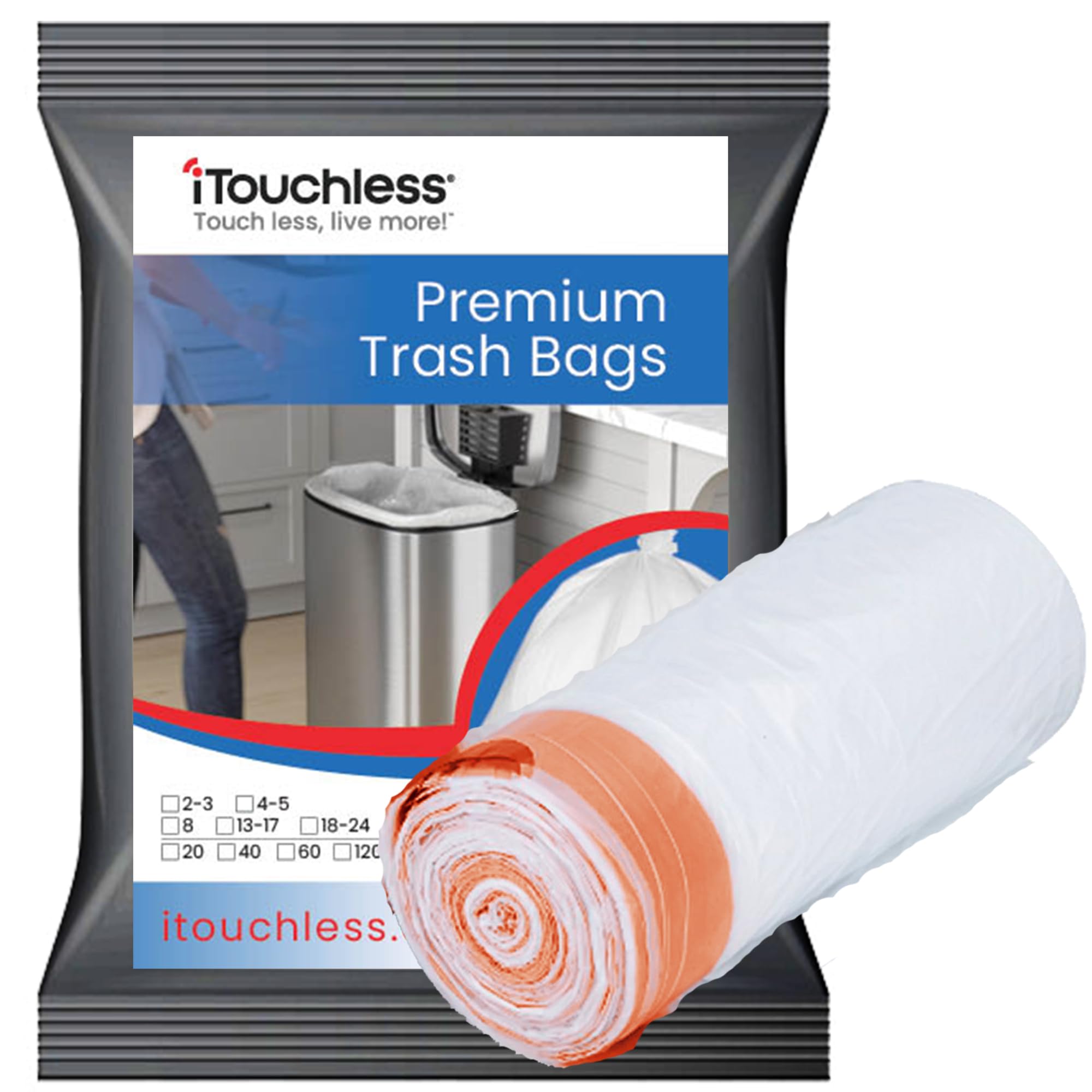 iTouchless Tall Trash Bags, Fits 8 Gallon Garbage Can, Strong Bathroom Kitchen Can Bin Liners, for Rubbish Recycling Compost in The Home, Office, Clear, 40 Count