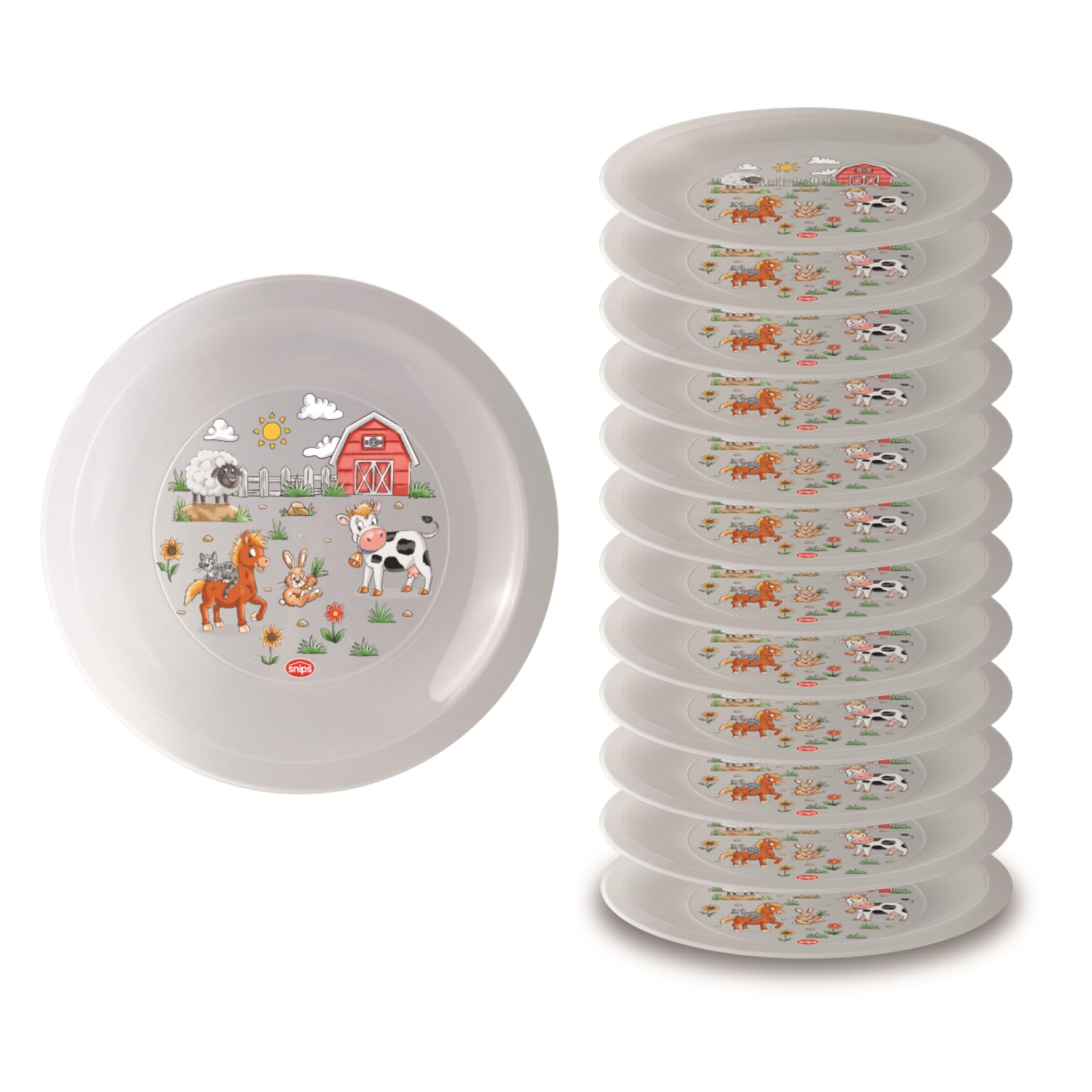 Snips, Set of 12 Washable Hard Plastic Plates, Reusable Plastic Plates, Farm Decoration, Diameter 23.5 cm, Made in Italy