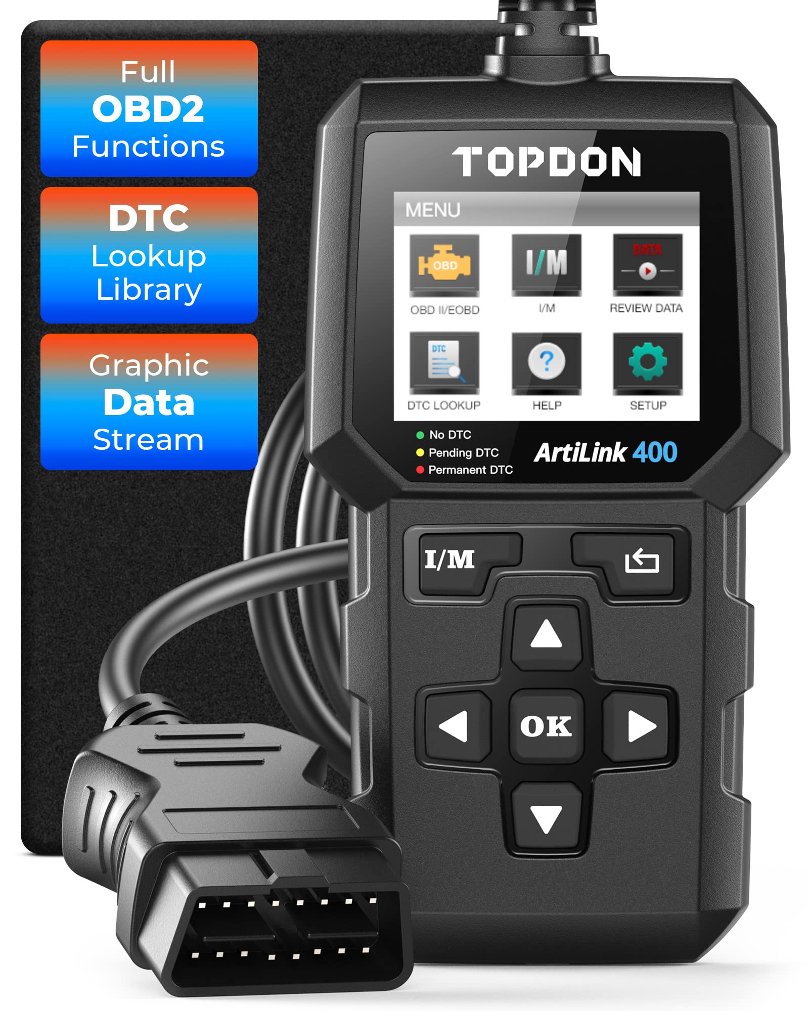 TOPDON OBD2 Code Reader AL400 OBD2 Scanner, Car Diagnostic Tool with 10 OBD Functions- Check Engine Light/Smog Emission Test/O2 Sensor Test/EVAP, Free Lifetime Update