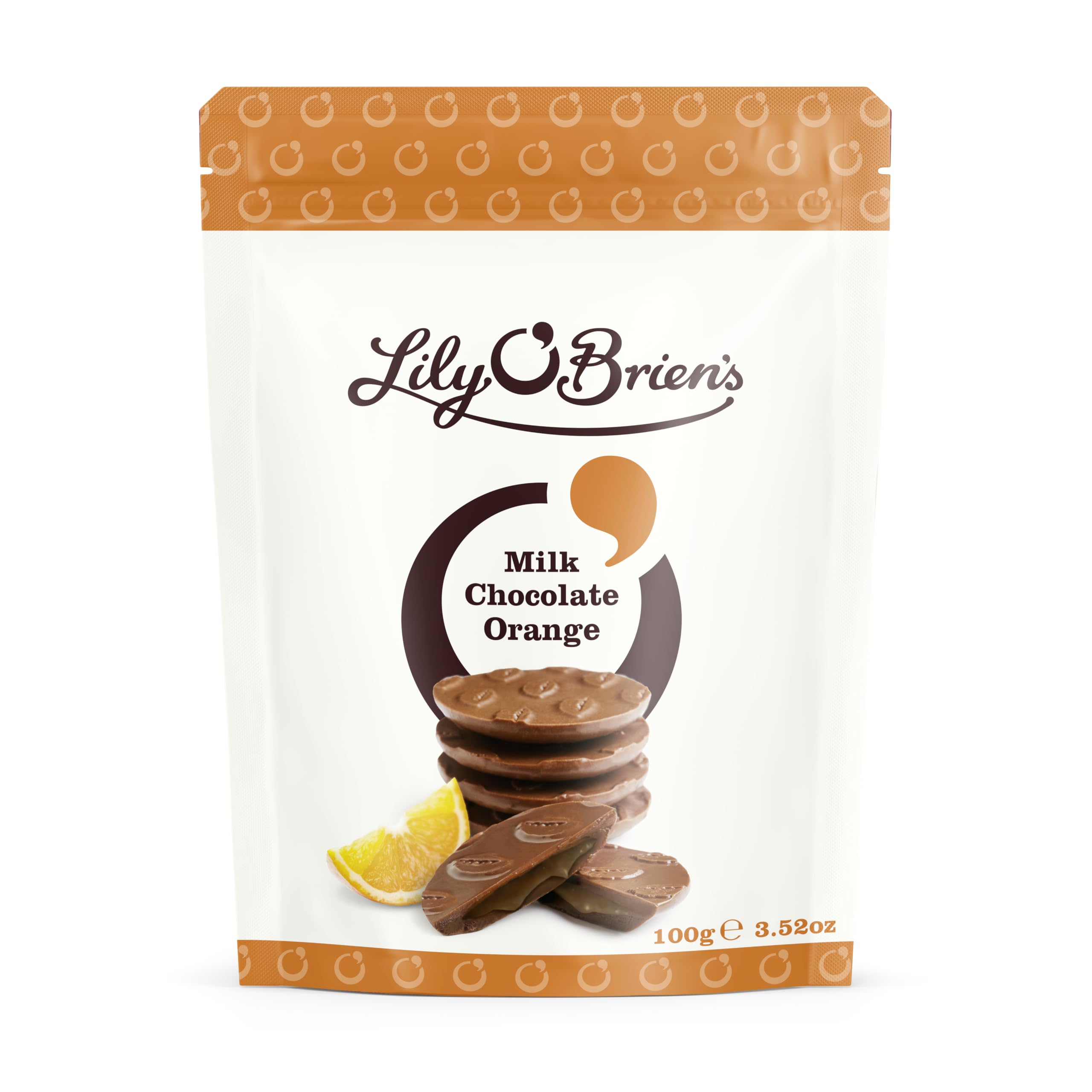 Lily O'Brien's Milk Chocolate Orange Share bag 100g - Vibrant & zesty this super choc is full of life- Premium share bag, ideal for hampers, snack, treat, sharing occasion.