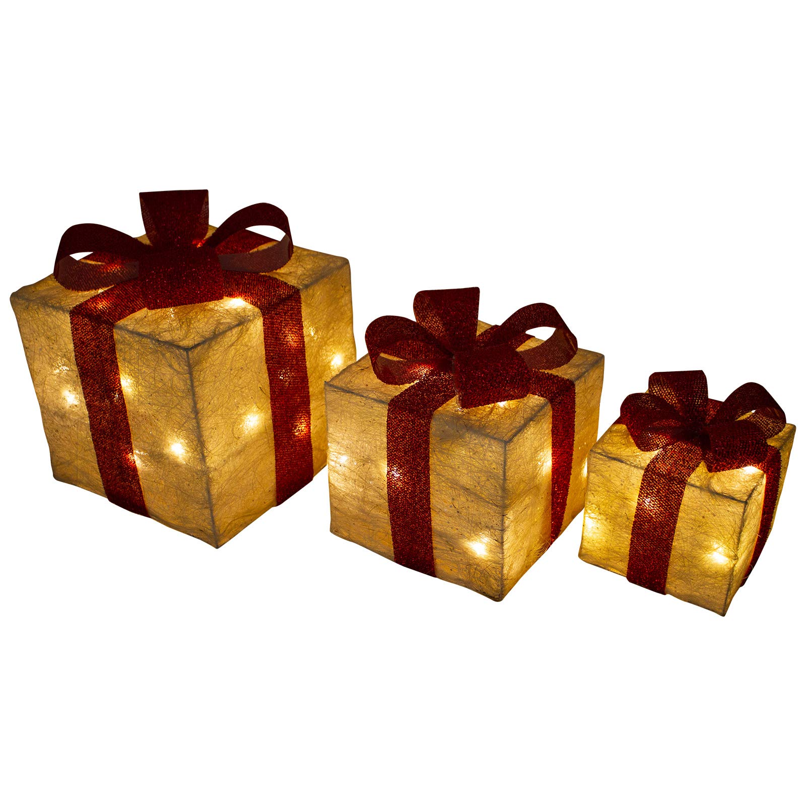SHATCHI Light Up Christmas Parcels Pre-Lit Battery Operated LED Glitter Sisal/Rattan Xmas Presents Holiday Home Novelty Decorations Set of 3 – Gold/Red/Cream/Tartan, 25cm/20cm/15cm