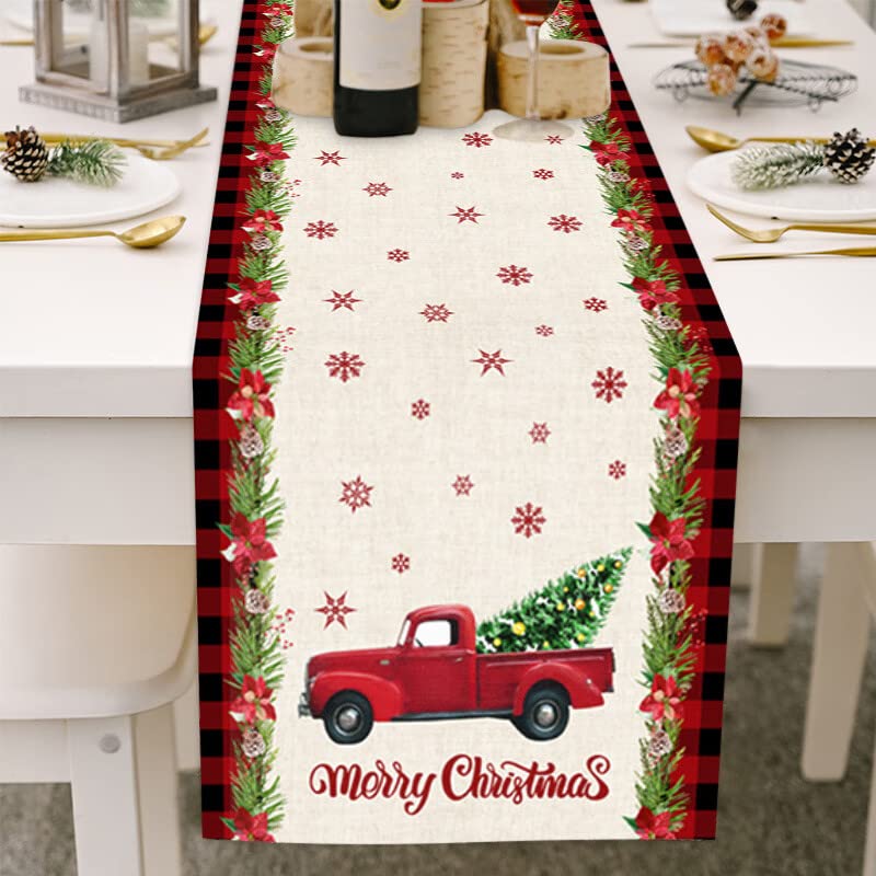 Christmas Table Runner Merry Christmas Vintage Truck with Xmas Tree Snowflakes Black Red Buffalo Plaid Farmhouse Table Runner for Holiday Party Wedding Dining Table Dresser Decoration