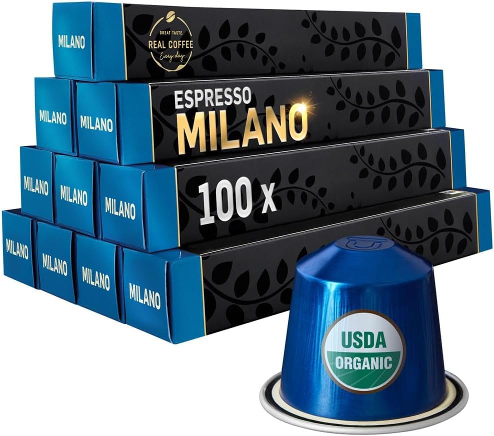 ‘Milano’ Organic Italian Espresso for Nespresso | 100 Organic Aluminum Capsules | The Strongest Organic Espresso in the World! | 100% Nespresso Compatible Pods | Fairtrade