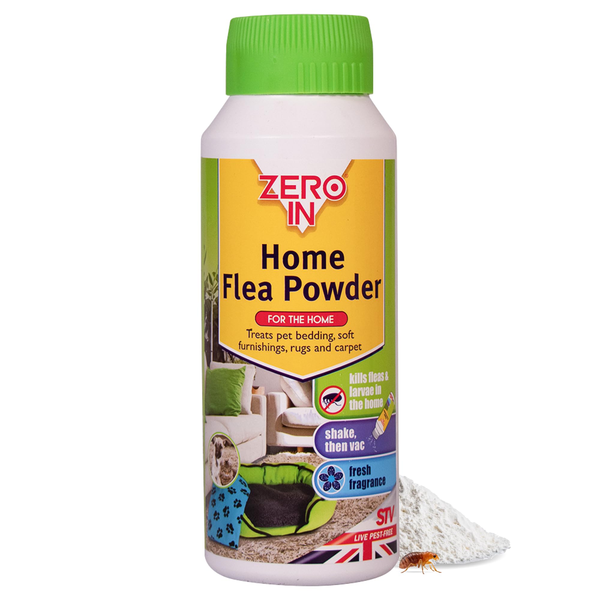 Zero In Home Flea Powder - 300 g. Off-Pet Treatment Controls Fleas and Larvae in the Home, Preventing Reinfestations. Ready-To-Use. Treats Carpets and Soft Furnishings, Green