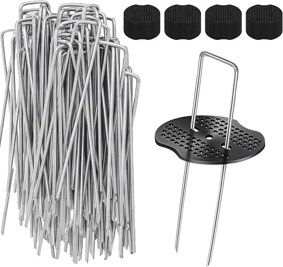 Heavy Duty Metal Weed Control Pegs - 50 Pack, 6"/150mm + Buffer Washer + Pick Hook for Membrane & Artificial Grass