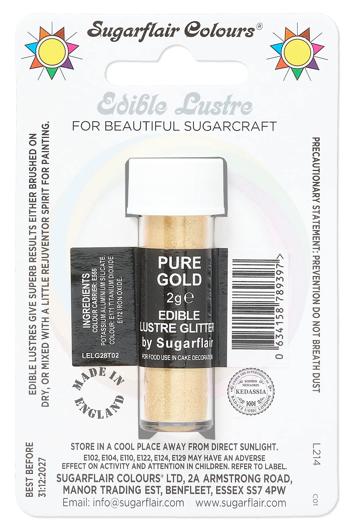 Sugarflair Pure Gold Edible Lustre Glitter, Add a Lustrous Shine to Cakes or Decorations. Brush On or Add Rejuvenator to Create Eye-Catching Edible Paint - 2g