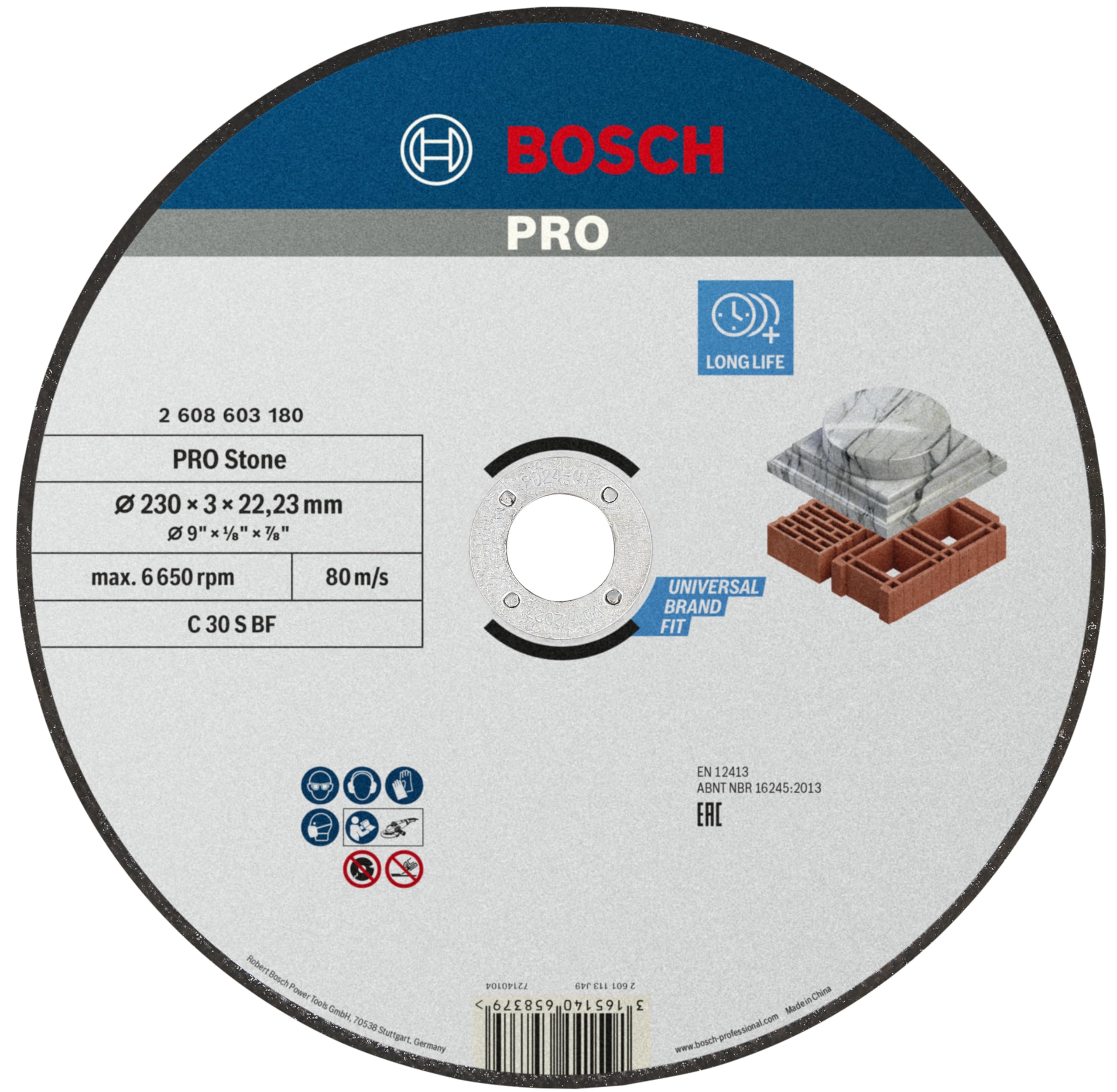 Bosch 1x PRO Stone Longlife Cutting Disc for Large Angle Grinder and Bore 22.23 mm (for Hollow brick building block, Marble, Ø 230 mm, Professional Accessory Large Angle Grinder)