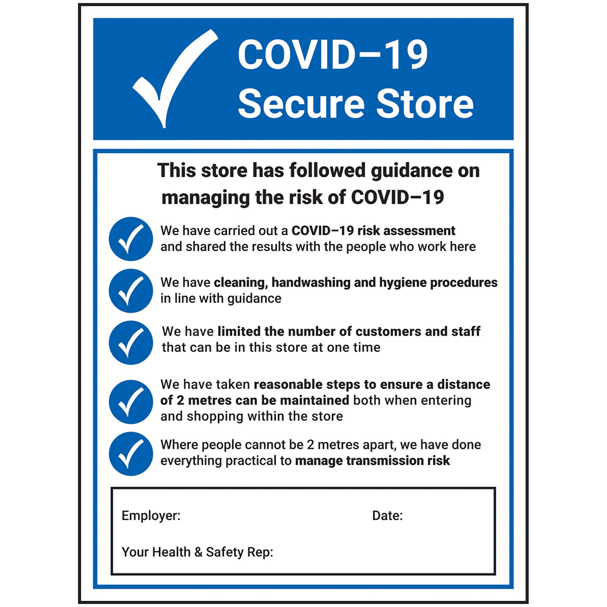 V Safety Covid Secure Store 2020 Sign - 300mm x 400mm - Self Adhesive Vinyl