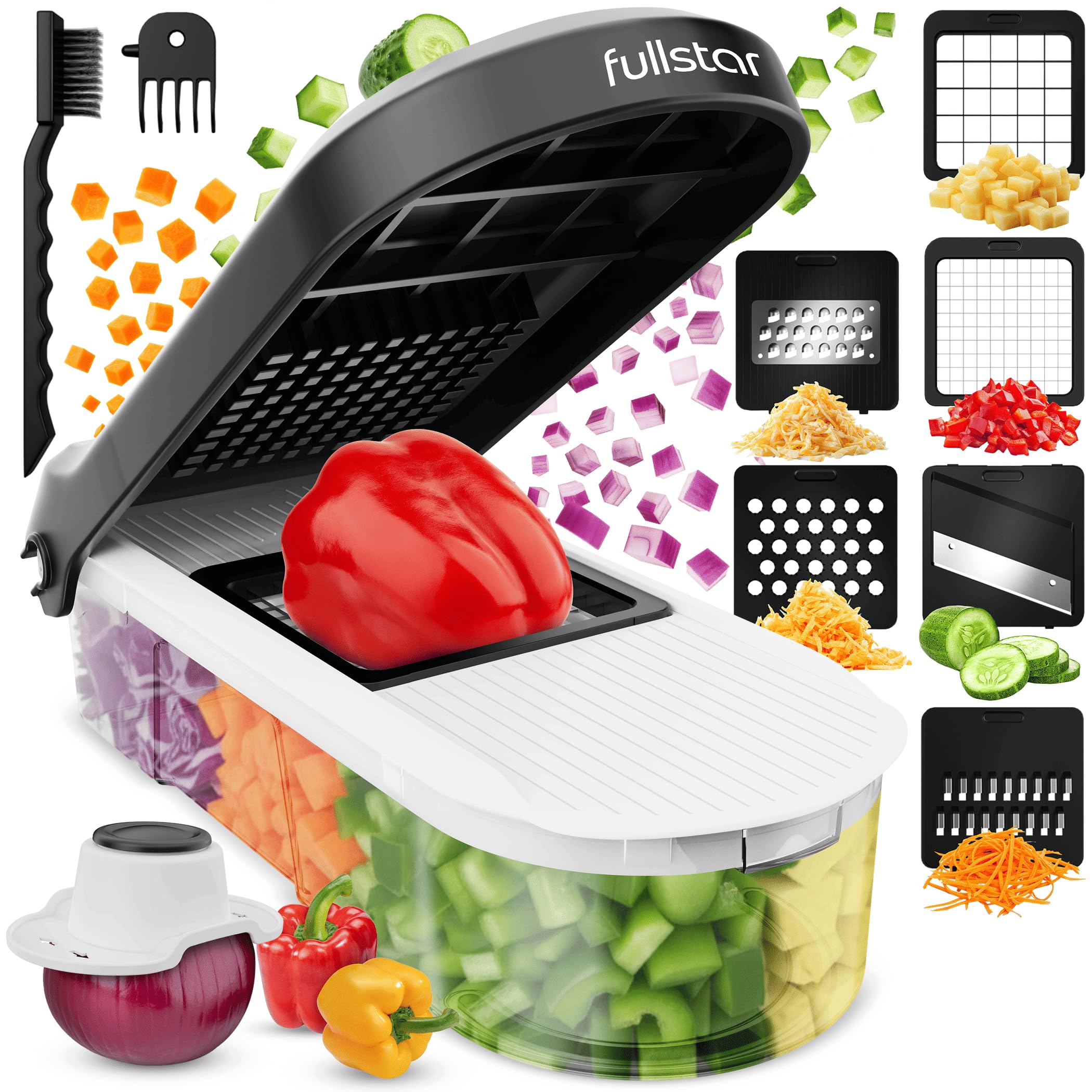 Fullstar Vegetable Chopper & Mandoline Slicer - Julienne Cutter Dicer Grater for Food Veg Onion Cucumber Tomato Salad Potato Cheese - Kitchen Gadgets & Accessories (Compact 6-in-1, White)