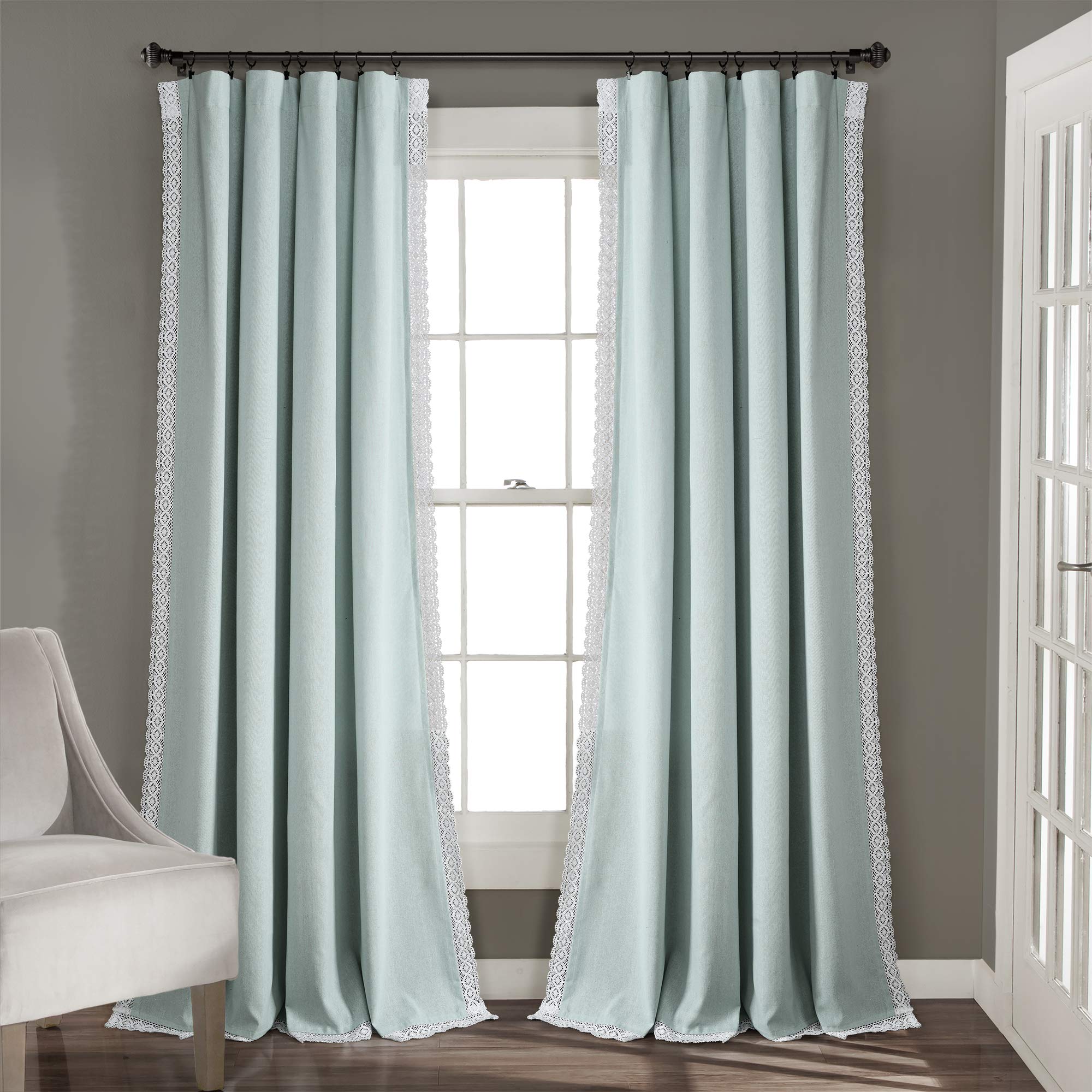Lush Decor Rosalie Farmhouse Window Curtains Rustic Style Panel Set for Living, Dining Room Bedroom (Pair), 54" W x 84" L, Blue