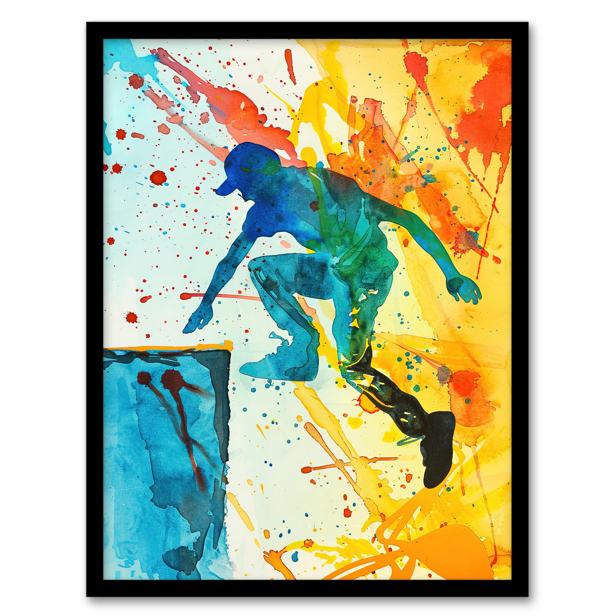 Artery8 Parkour Jump Urban Sport Colourful Paint Splat Living Room Artwork Framed Wall Art Print A4