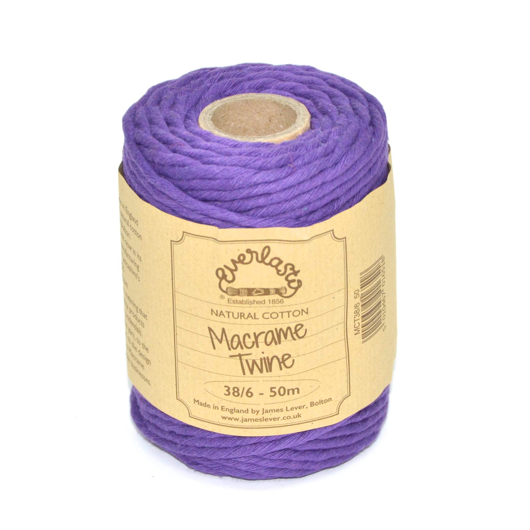 50M Spools - Everlasto Single Twist Soft Cotton Coloured Macrame Craft Twine 38/6 (4mm approx) (Violet)