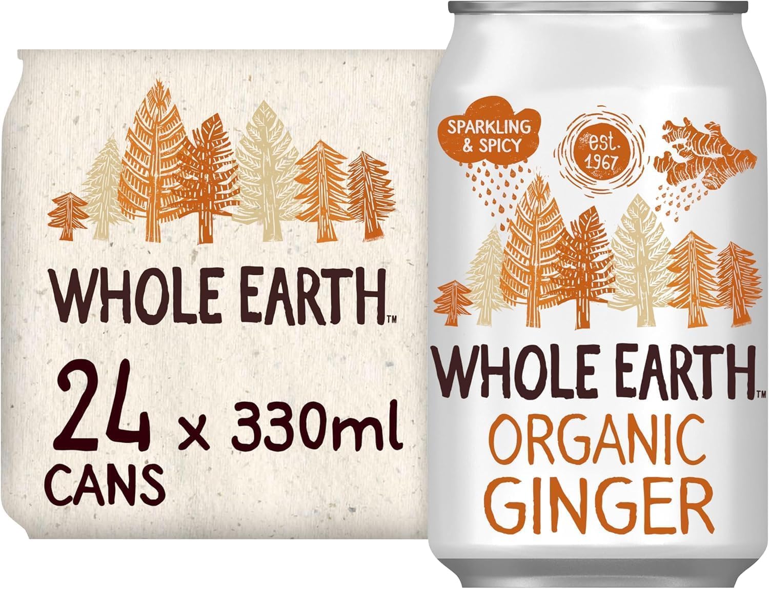 Whole Earth Organic Sparkling Ginger Drink, 24x 330 ml, Lightly Fizzy Soft Drink made with Natural Ingredients and Fruit Extract, No Added Refined Sugar,Vegetarian and Vegan, Multi Pack