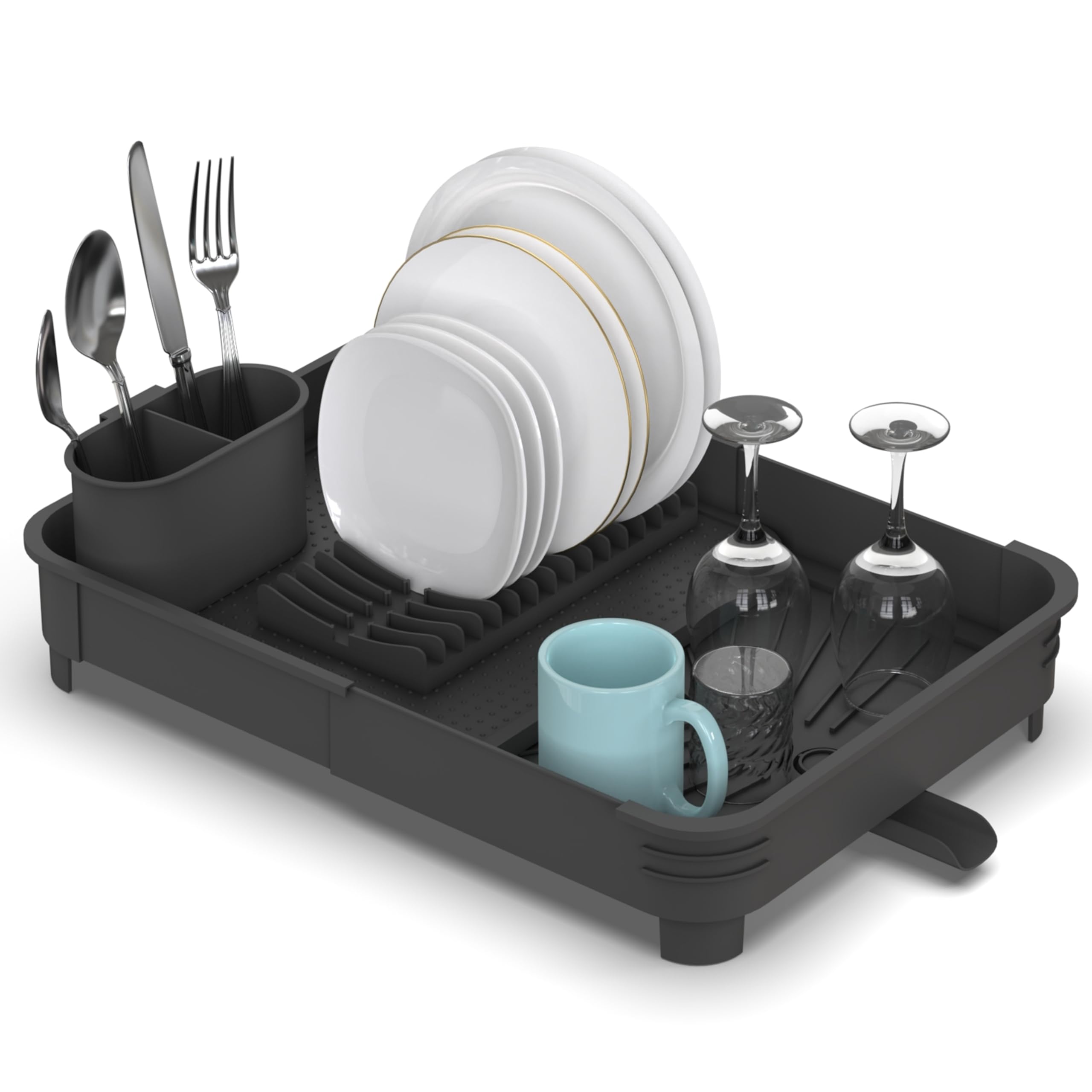 Extendable Dish Drainer Rack Expandable Dish Draining Rack with Removable Cutlery Holder Adjustable Dish Draining Board Rack with Swivel Drainage Spout Space-Saving Kitchen Drying Rack Anthracite