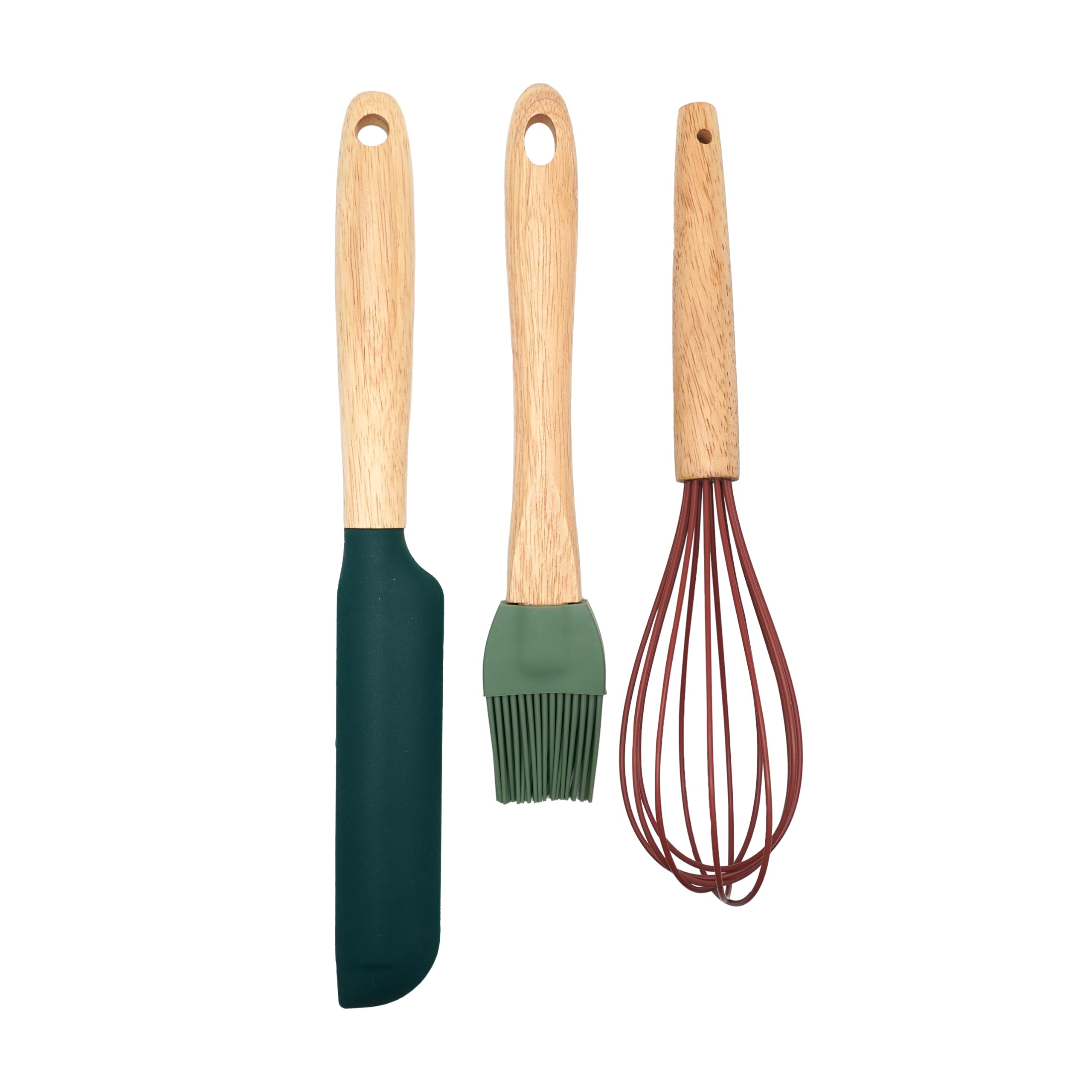 Zenker Christmas Silicone Baking Set, 1 x Spatula, 1 x Whisk, 1 x Pastry Brush, Non-Stick Non-Scratch Silicone Function Heads with Wooden Handles, Festive Colours Green & Red