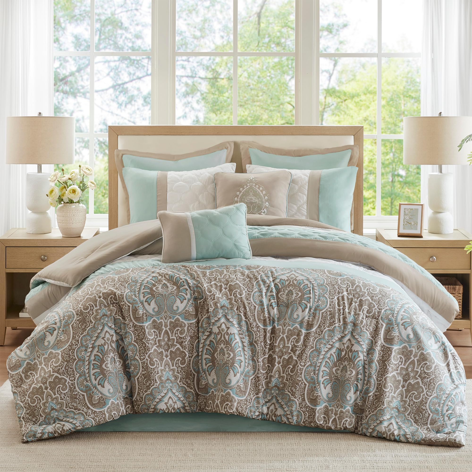 510 DESIGN All Season Down Alternative Bedding with Matching Shams, Decorative Pillow, Microfiber,Polyester, Shawnee Scrollwork Seafoam, Queen
