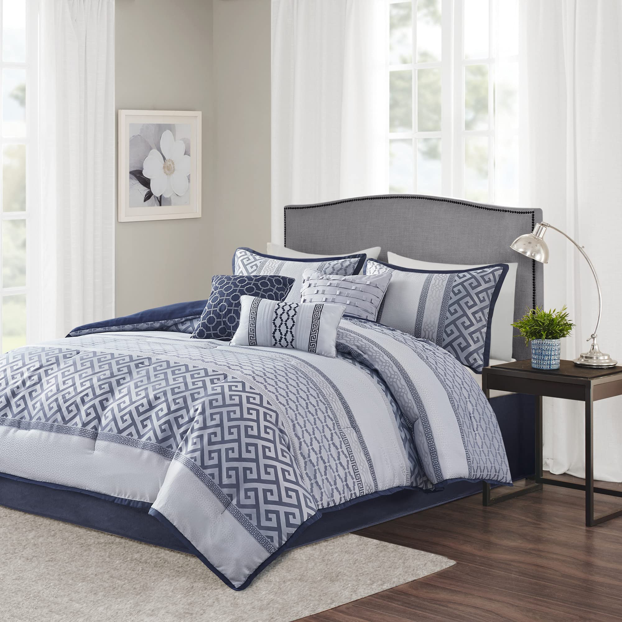 Madison Park Luxury Comforter Set-Traditional Jacquard Design All Season Down Alternative Bedding, Matching Bedskirt, Decorative Pillows, Queen (90"x90"), Bennett, Geometric Navy 7 Piece