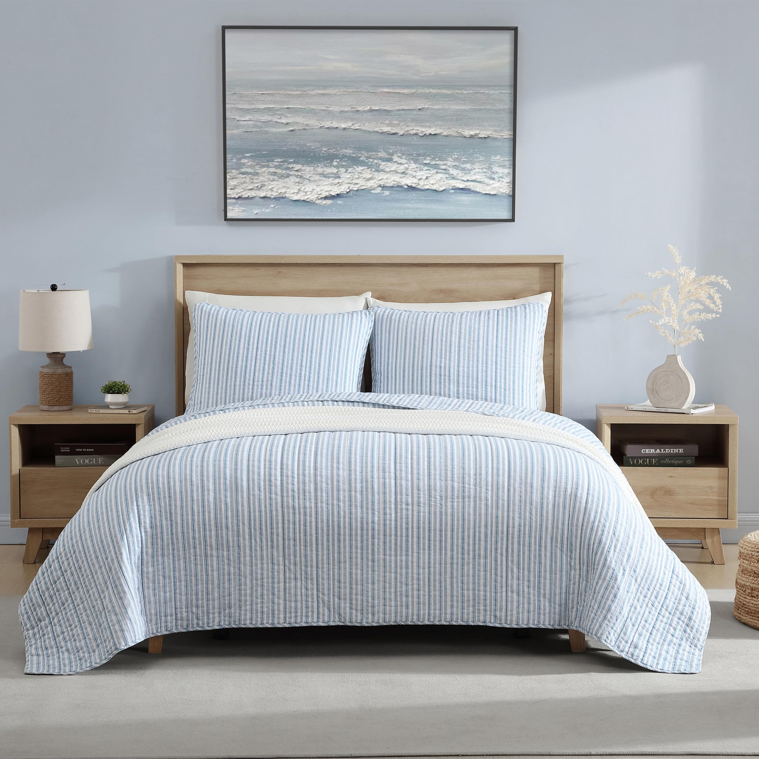 Nautica - King Quilt Set, Reversible Cotton Bedding with Matching Shams, Casual Home Decor for All Seasons (Coleridge Stripe Light Blue, King)