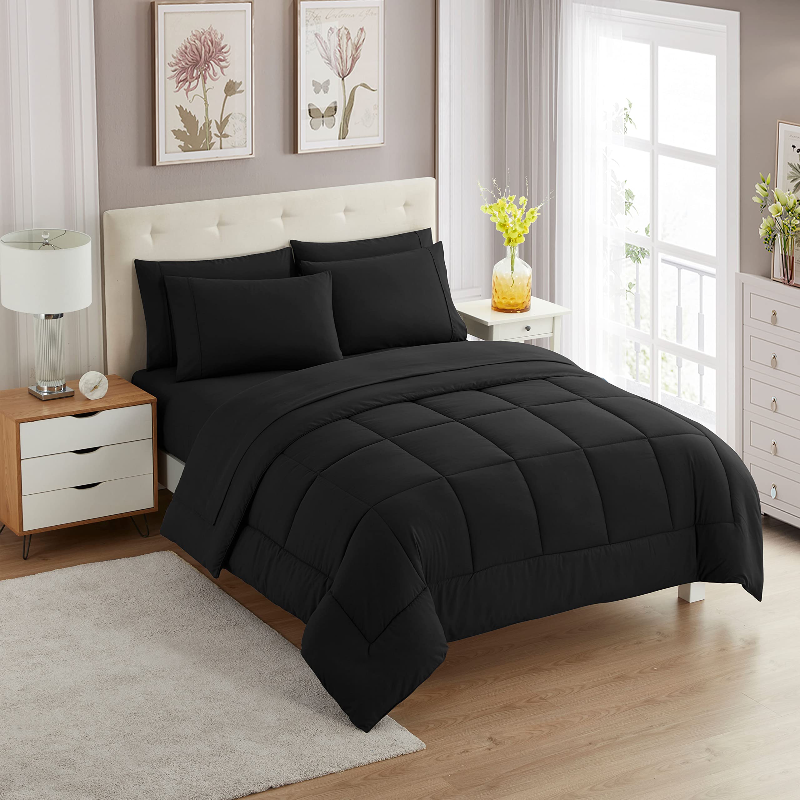 Sweet Home Collection Soft Down Alternative Blanket & Luxurious Microfiber Bed Sheets, Polyester, Black, Twin