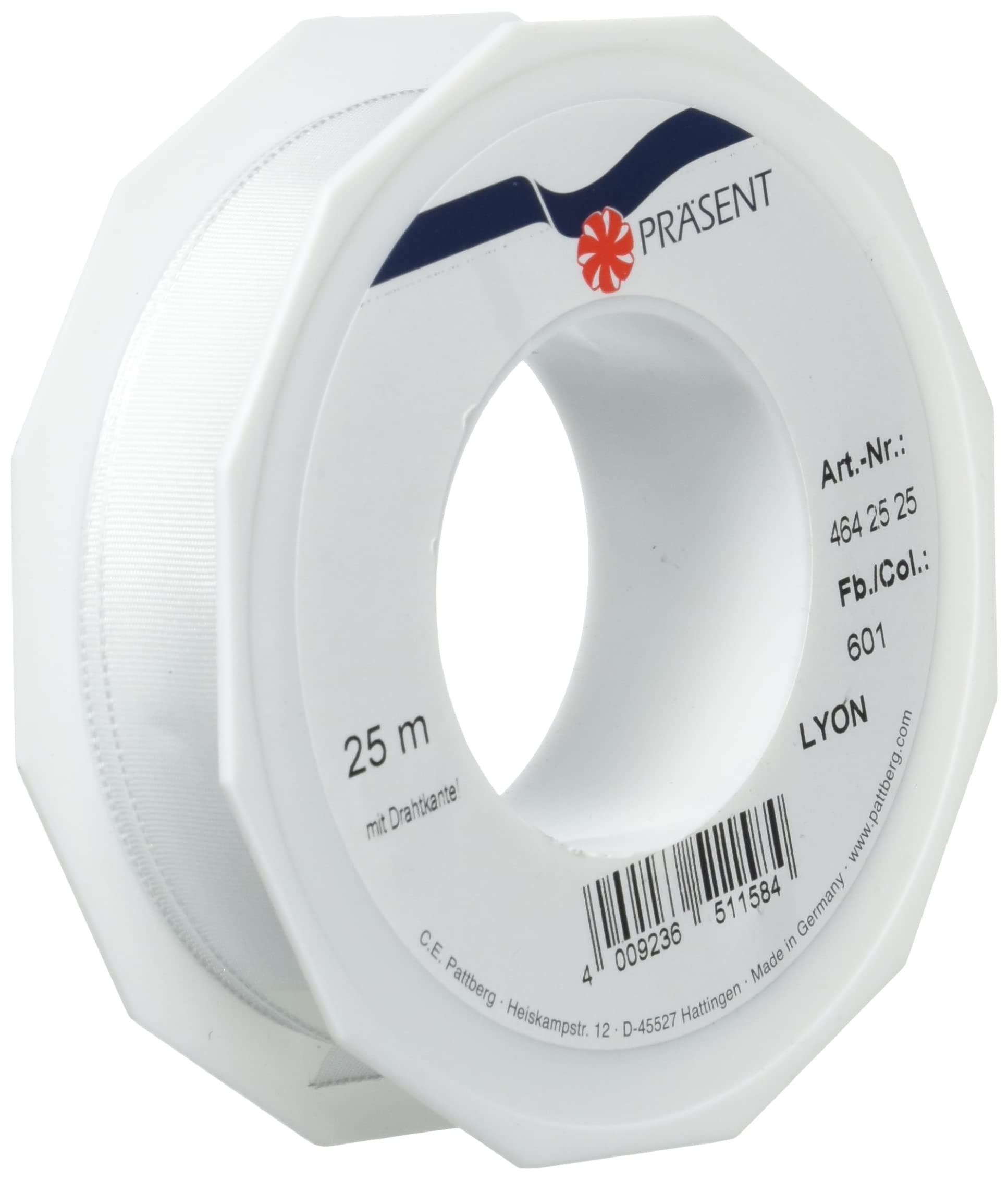 PRÄSENT - Lyon Wired Taffeta Ribbon White 25 mm width, 25 m length