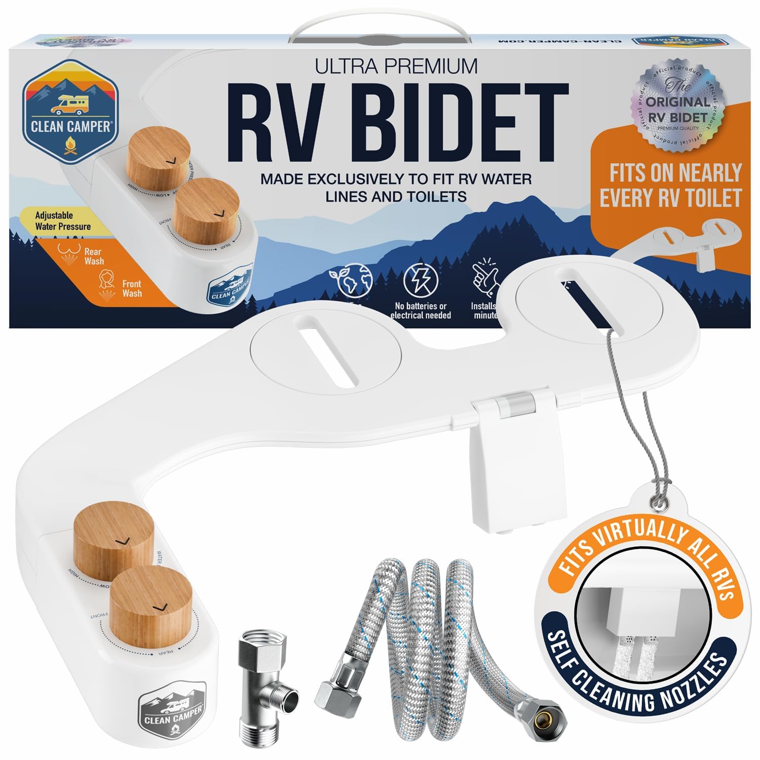 Clean Camper RV Bidet from - Self Cleaning, Adjustable Dual Nozzle and RV Fresh Water Drinking Hose - Fits Virtually Every RV (bidet01)