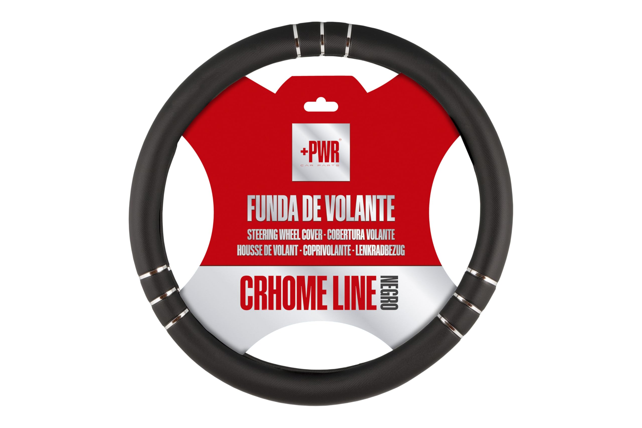 +PWR Car Parts Chromeline Black Steering Wheel Cover Universal for 37 to 39 cm Car Steering Wheels. Non-slip. Made PVC.