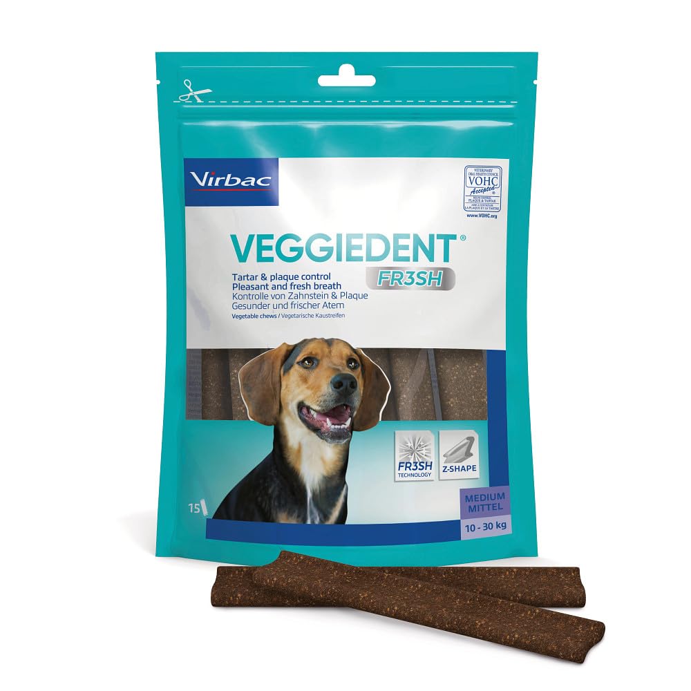 Virbac Veggiedent FR3SH Dental Chews for Medium Dogs and Puppies 10-30kg | Plaque and Tartar Control | Helps Clean Teeth & Freshen Breath |15 Chews