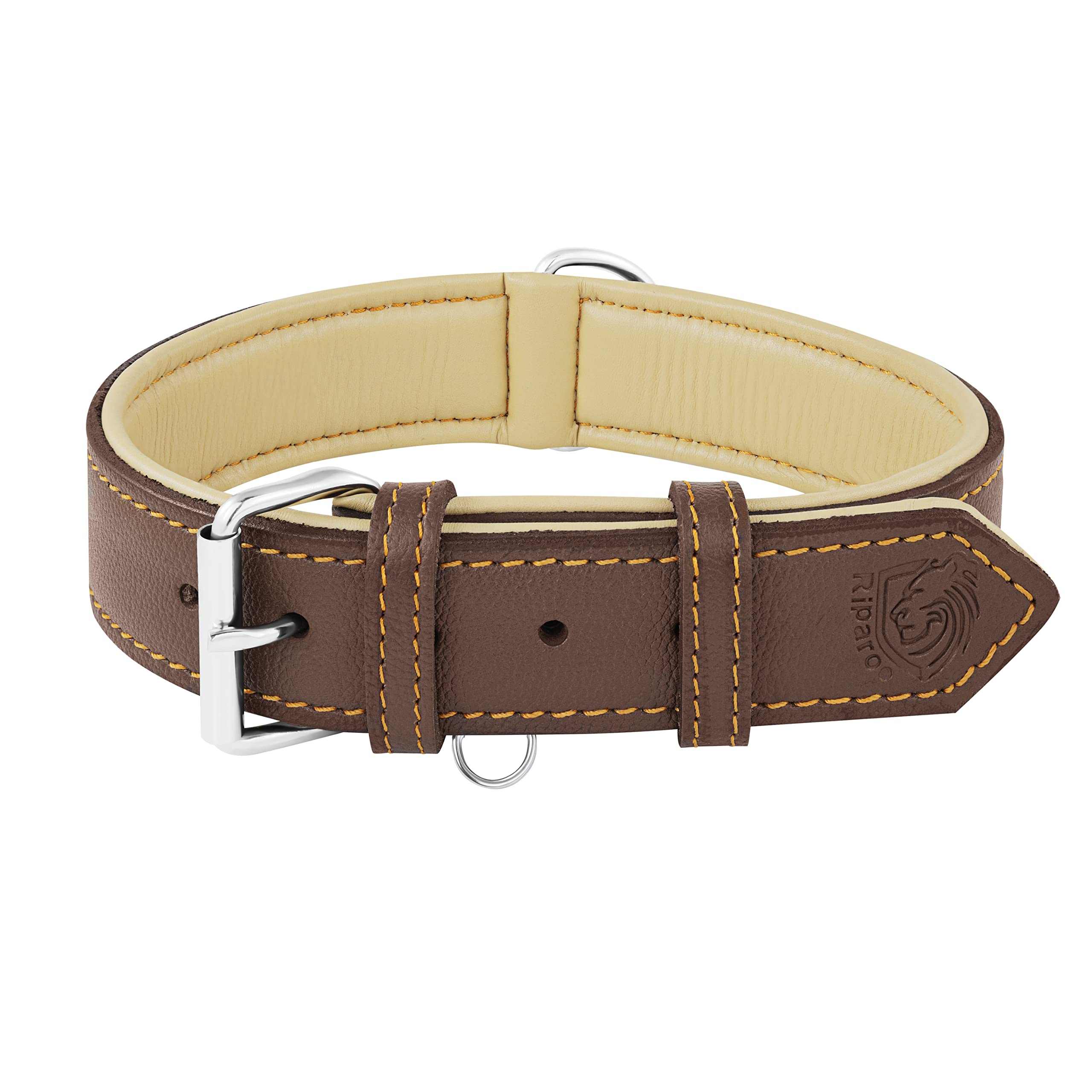 Riparo Genuine Leather Padded Dog Heavy Duty K-9 Adjustable Collar (XL: 4.5CM Wide for 55.9CM - 63.5CM Neck, Brown)