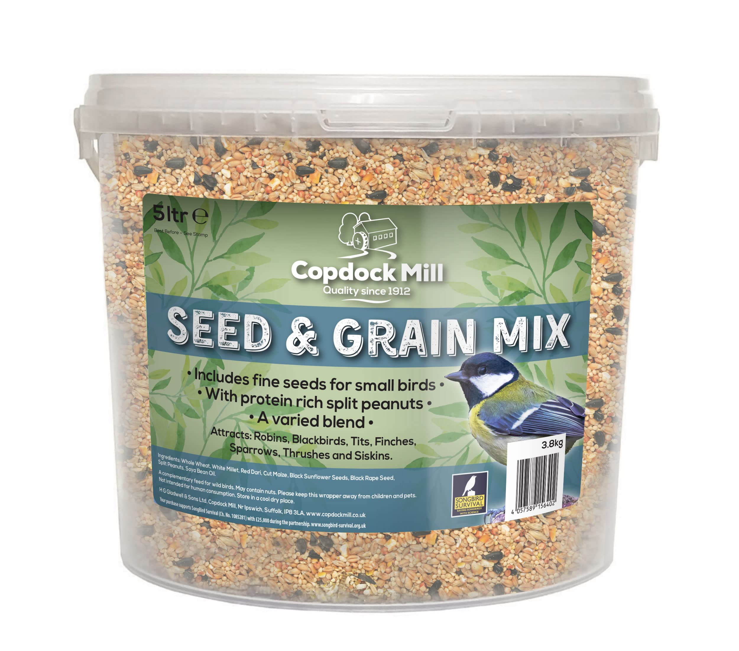 Copdock Mill Wild Bird Seed & Grain Mix 3.8 kg/5L Tub – All Year-Round High-Energy Wild Bird Food – 100% Natural Ingredients Including Sunflower Seeds and Peanuts